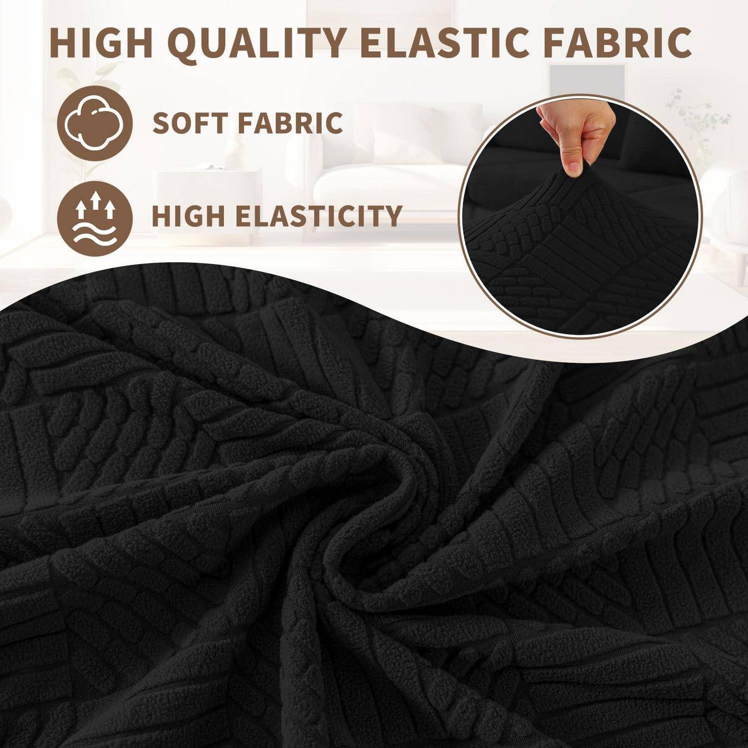 Werbegrafik für hochwertige elastische Stoffe, die weiche Stoffe und hohe Elastizität zeigt, mit einer Nahaufnahme von schwarzem strukturiertem Material, das gedehnt wird.