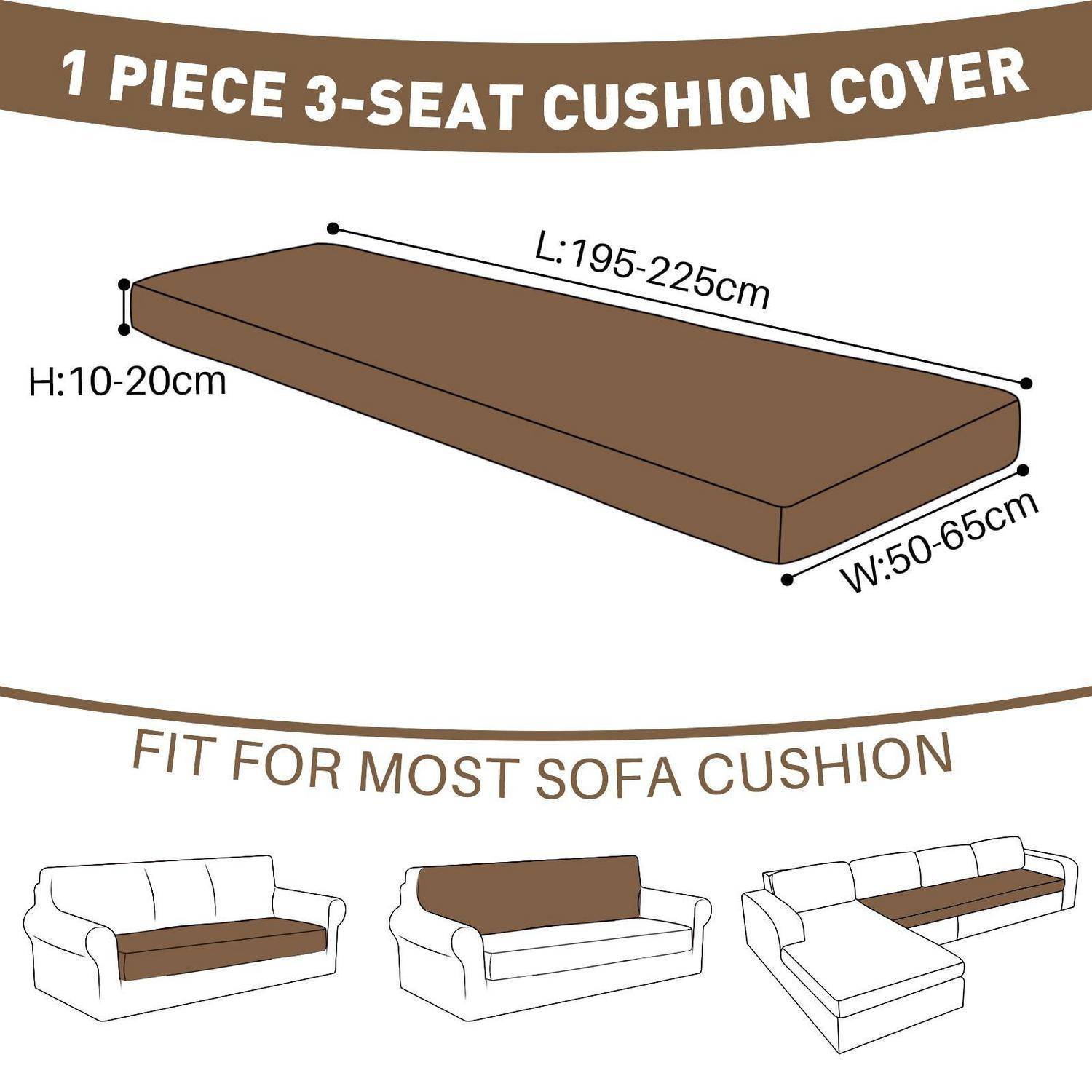 Produktdiagramm für eine '1ER STÜCK 3-SITZER SITZKISSENBEZUG' mit den Abmessungen L 195-225 cm, B 50-65 cm, H 10-20 cm und geeignet für die meisten Sofakissen, einschließlich Ecksofa-Kissen.