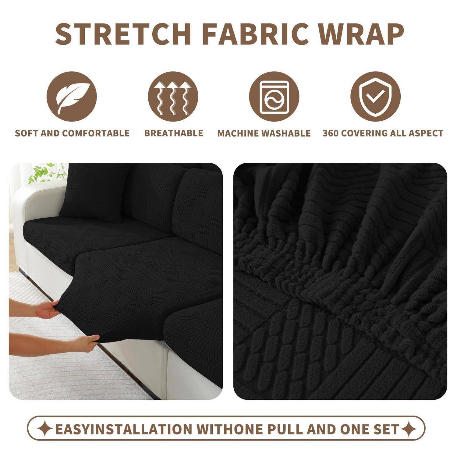 Werbe-Grafik für einen dehnbaren Stoff-Sofabezug, der einen schwarzen Schonbezug auf einem Sofa, eine Nahaufnahme der Textur und Symbole für weich, atmungsaktiv, maschinenwäschbar und 360-Grad-Abdeckung zeigt.