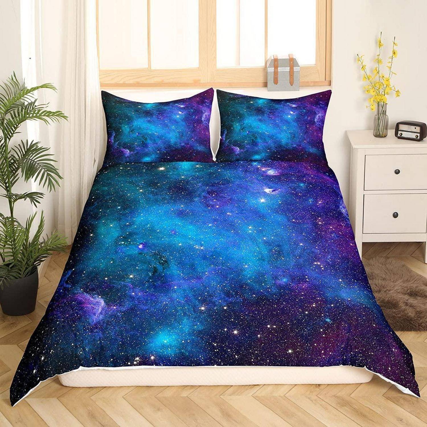 Bettwäsche-Set Mikrofaser 135x200cm Blau Lila Sternenhimmel