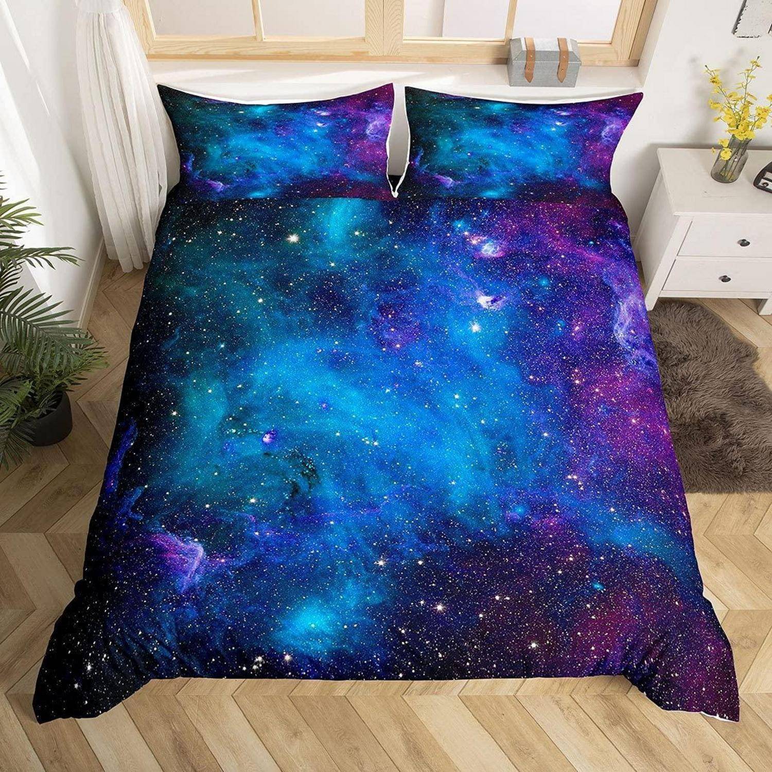 Bettwäsche-Set Mikrofaser 135x200cm Blau Lila Sternenhimmel