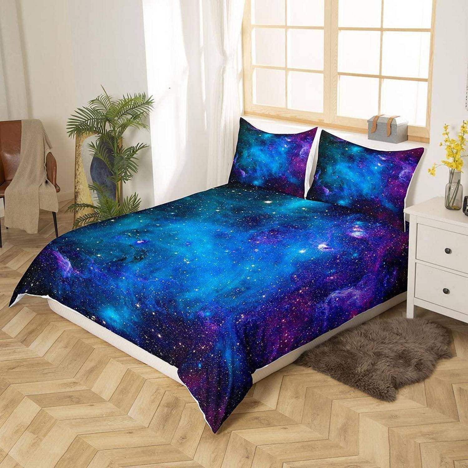 Bettwäsche-Set Mikrofaser 135x200cm Blau Lila Sternenhimmel