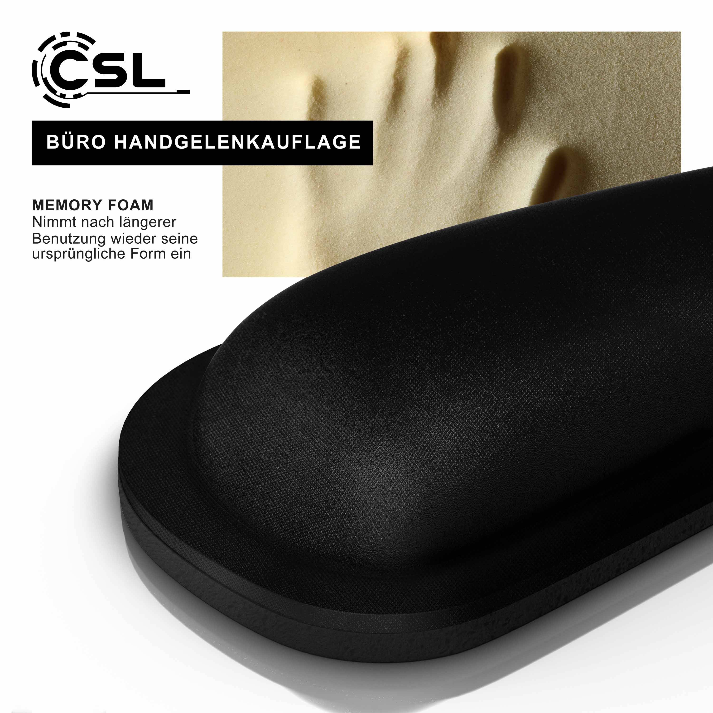 CSL Memory-Schaum-Handgelenkstütze für die Büronutzung, gezeigt in Schwarz mit einer Nahaufnahme der gepolsterten Oberfläche und einem kleinen Ausschnitt des Schaumstoffs, der seine Form zurückgewinnt.
