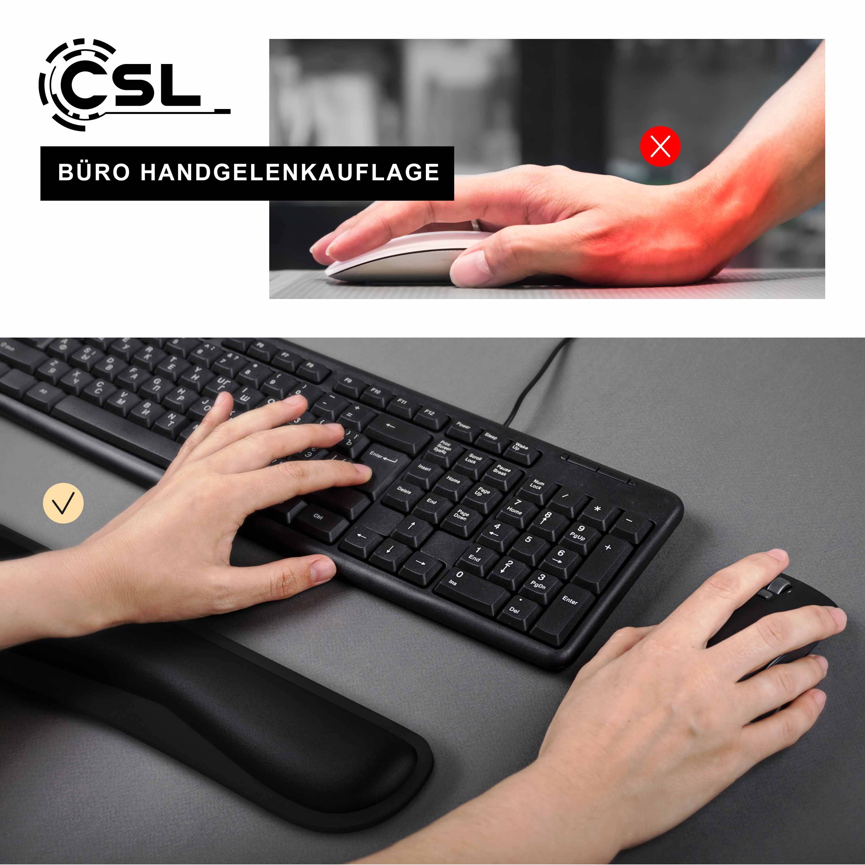 Tastatur mit ergonomischer Handgelenkstütze; die Einblendung zeigt Mausnutzung, die Handgelenksstrain verursacht, markiert mit einem X, während die Tastaturhaltung mit einem Häkchen gekennzeichnet ist.