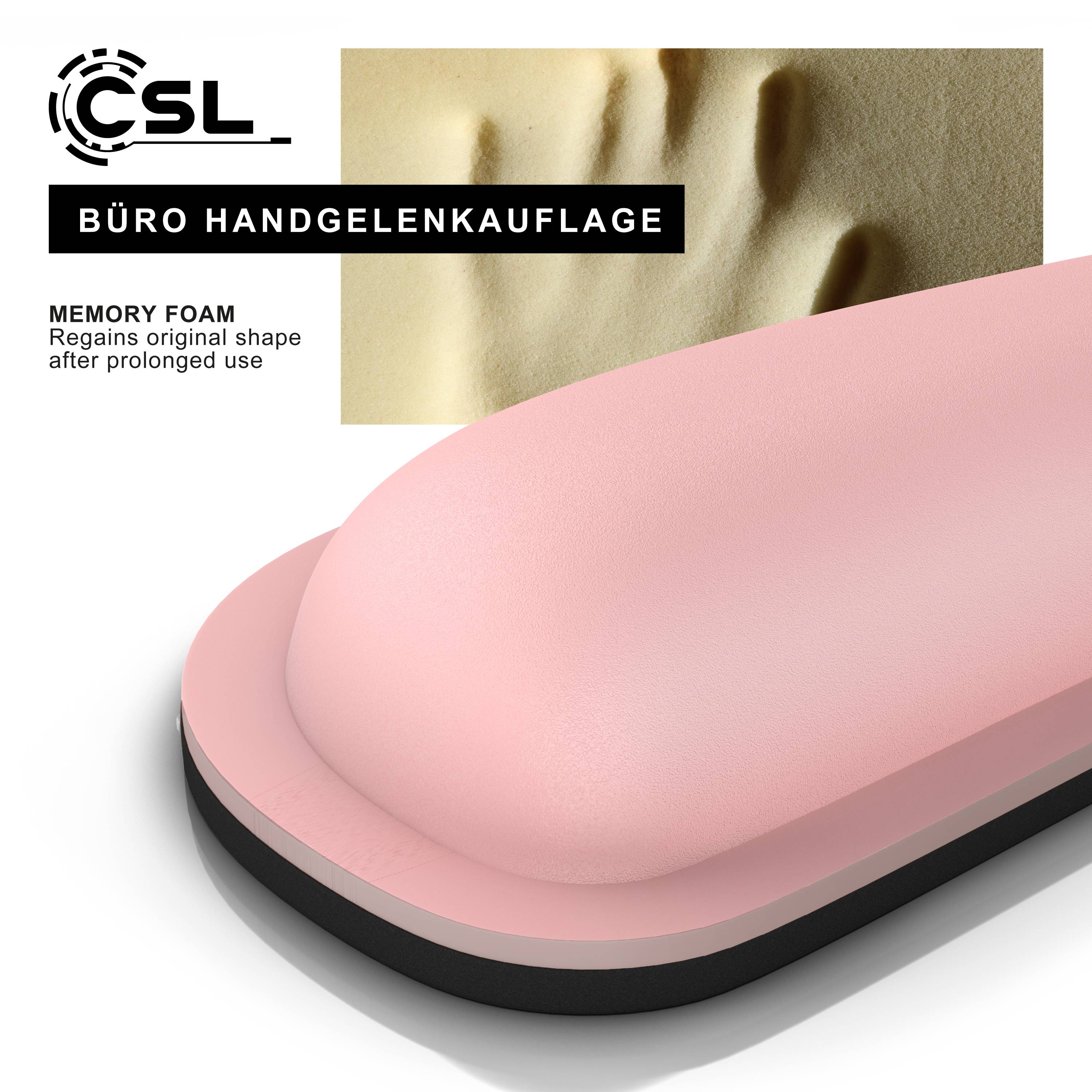 CSL Büro-Handgelenkstütze, rosa Memory-Schaum mit schwarzer Basis; der Text besagt, dass sie nach längerer Verwendung ihre ursprüngliche Form wiedererlangt.