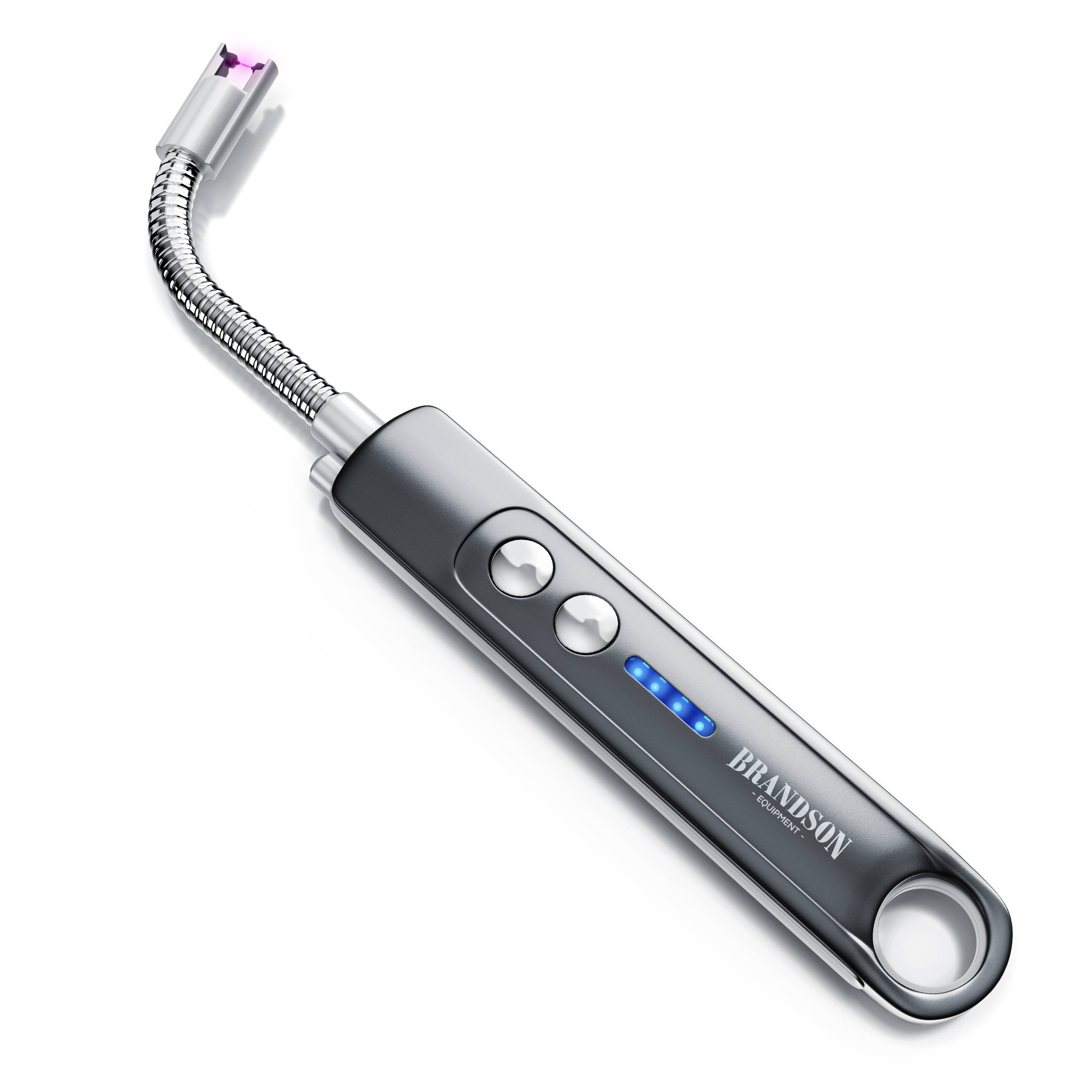 Aufladbares Elektro-Lichtbogenfeuerzeug mit flexiblem Hals, zwei Tasten, blauer Batterieanzeige und BRANDSON-Logo.