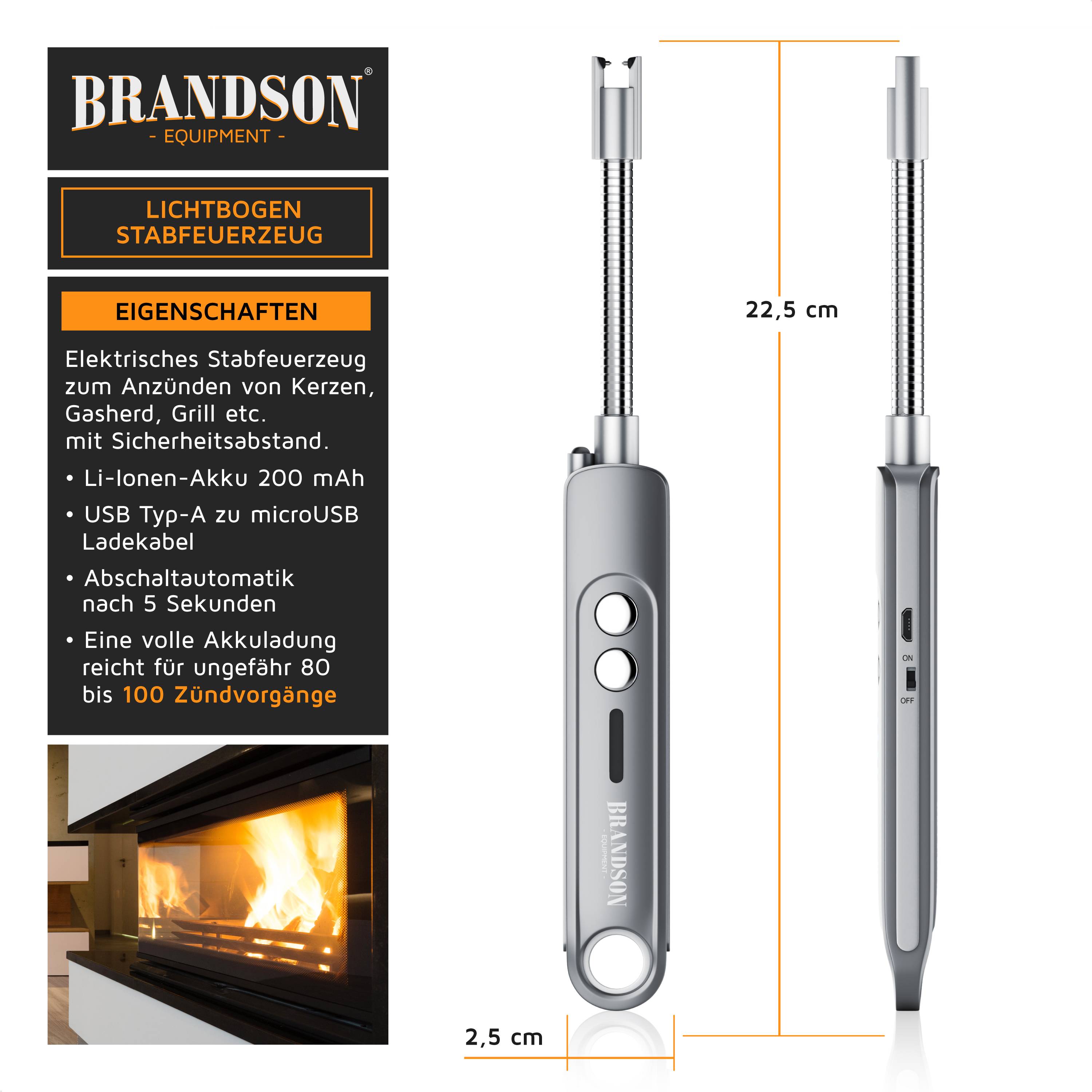 Brandson Elektrofeuerzeug mit Sicherheitsabstand, 22,5 cm lang, USB-C-Ladeanschluss, 200-mAh-Akku, automatische Abschaltung nach 5 Sekunden, hält etwa 80 bis 100 Anwendungen.