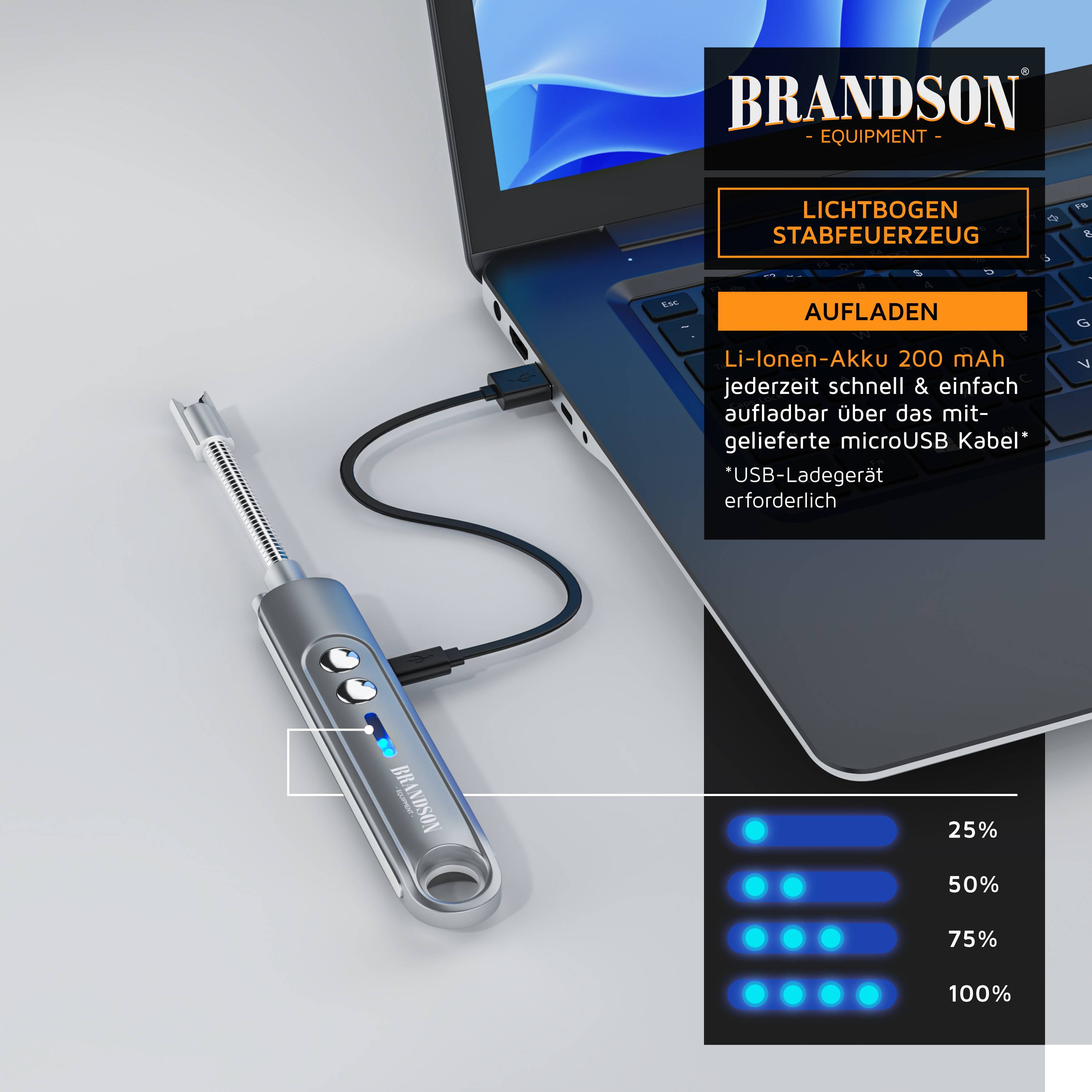 Brandson wiederaufladbares elektrisches Feuerzeug neben einem Laptop, mit deutschen Etiketten für "Zigarette anzünden"" und Akkukapazitätsstufen von 25% bis 100%.