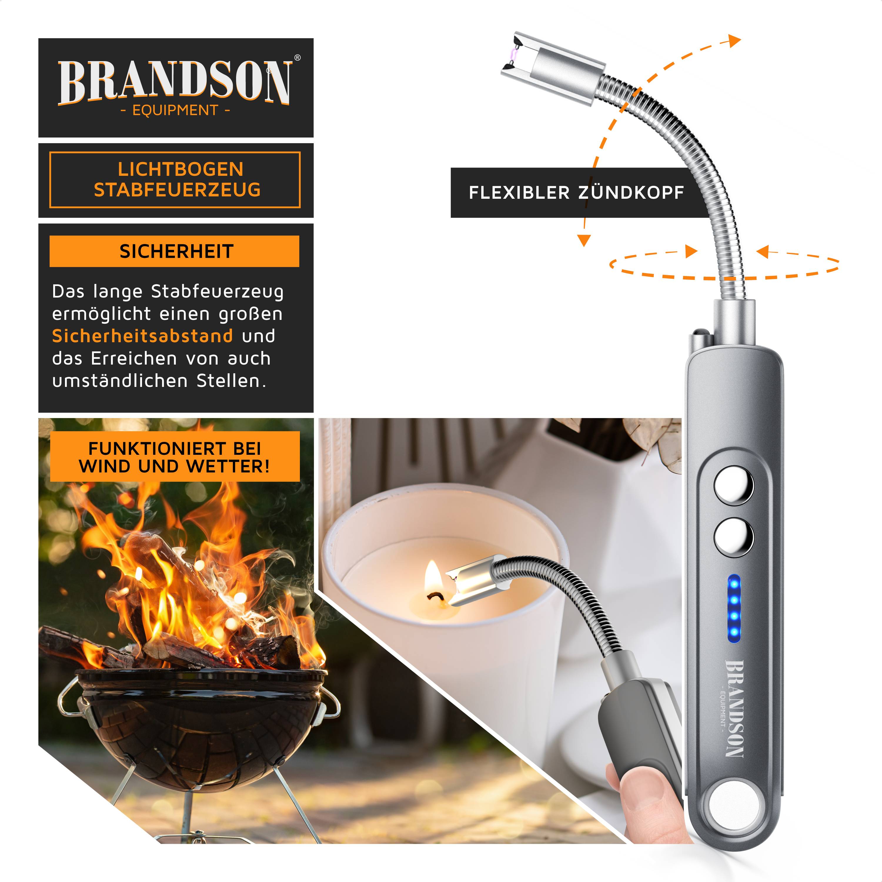 Brandson elektrisches Lichtbogenfeuerzeug mit flexiblem Hals und Sicherheitsverriegelung, abgebildet beim Anzünden von Kerzen und einem Grill; deutsche Beschriftungen heben die große Reichweite und die windsichere Verwendung hervor.