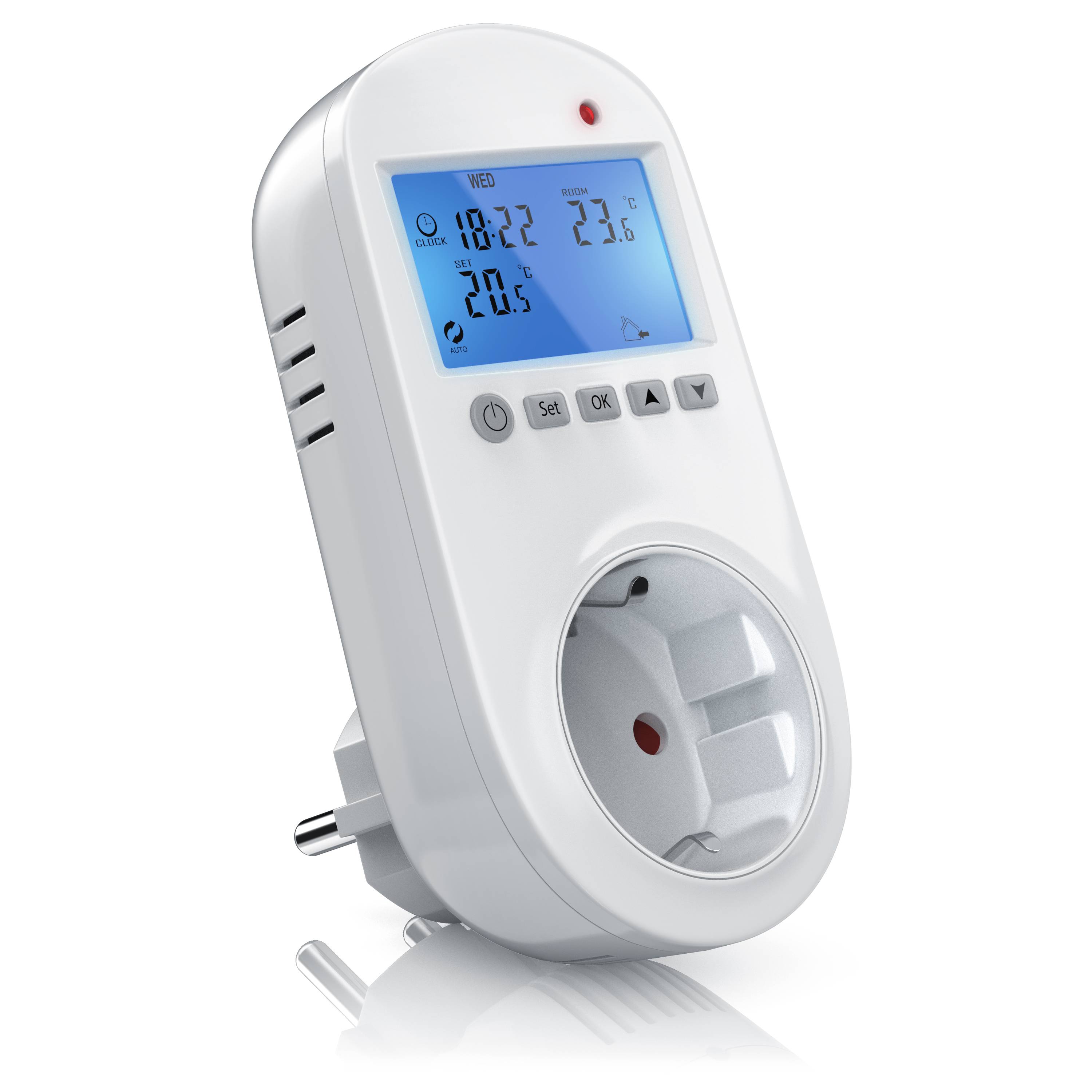Digitale Steckdosen-Zeitschaltuhr mit LCD-Display, Steuertasten und geerdeter Steckdose, auf weißem Hintergrund dargestellt.