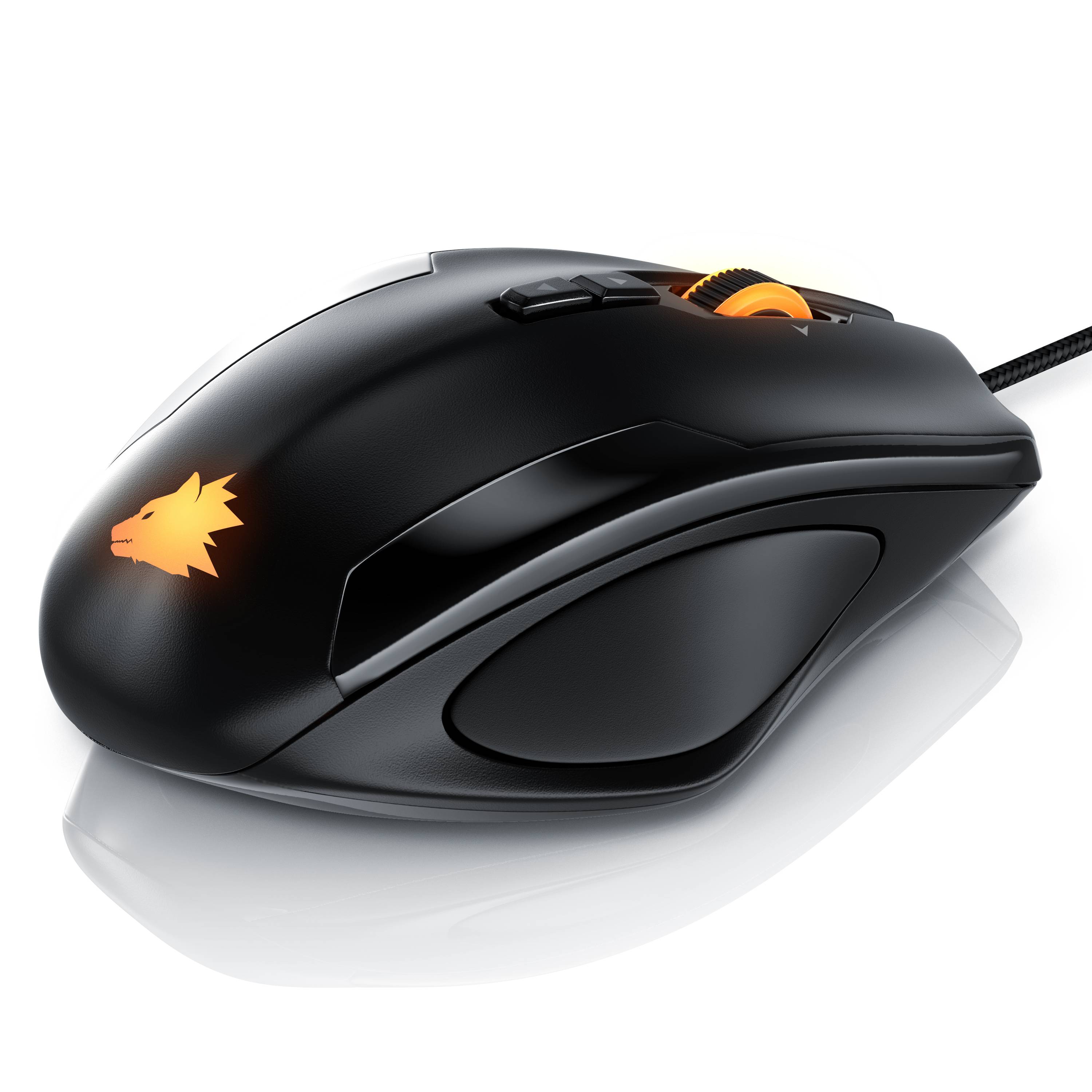 Schwarze kabelgebundene Gaming-Maus mit orangenbeleuchtetem Scrollrad und Logo, gezeigt auf weißem Hintergrund.