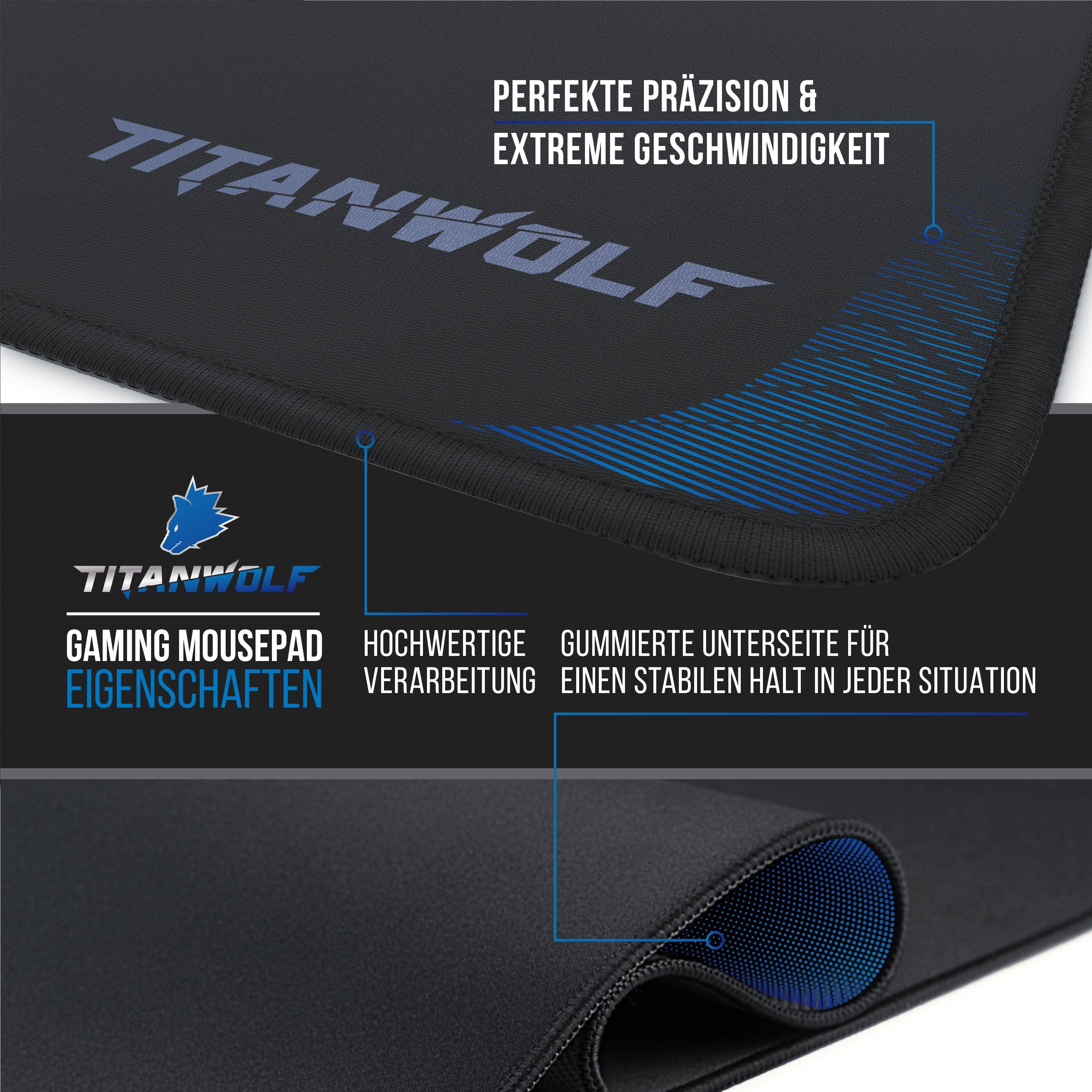 Titanwolf Gaming-Mousepad mit deutschen Funktionsbeschreibungen: „perfekte Präzision und extreme Geschwindigkeit