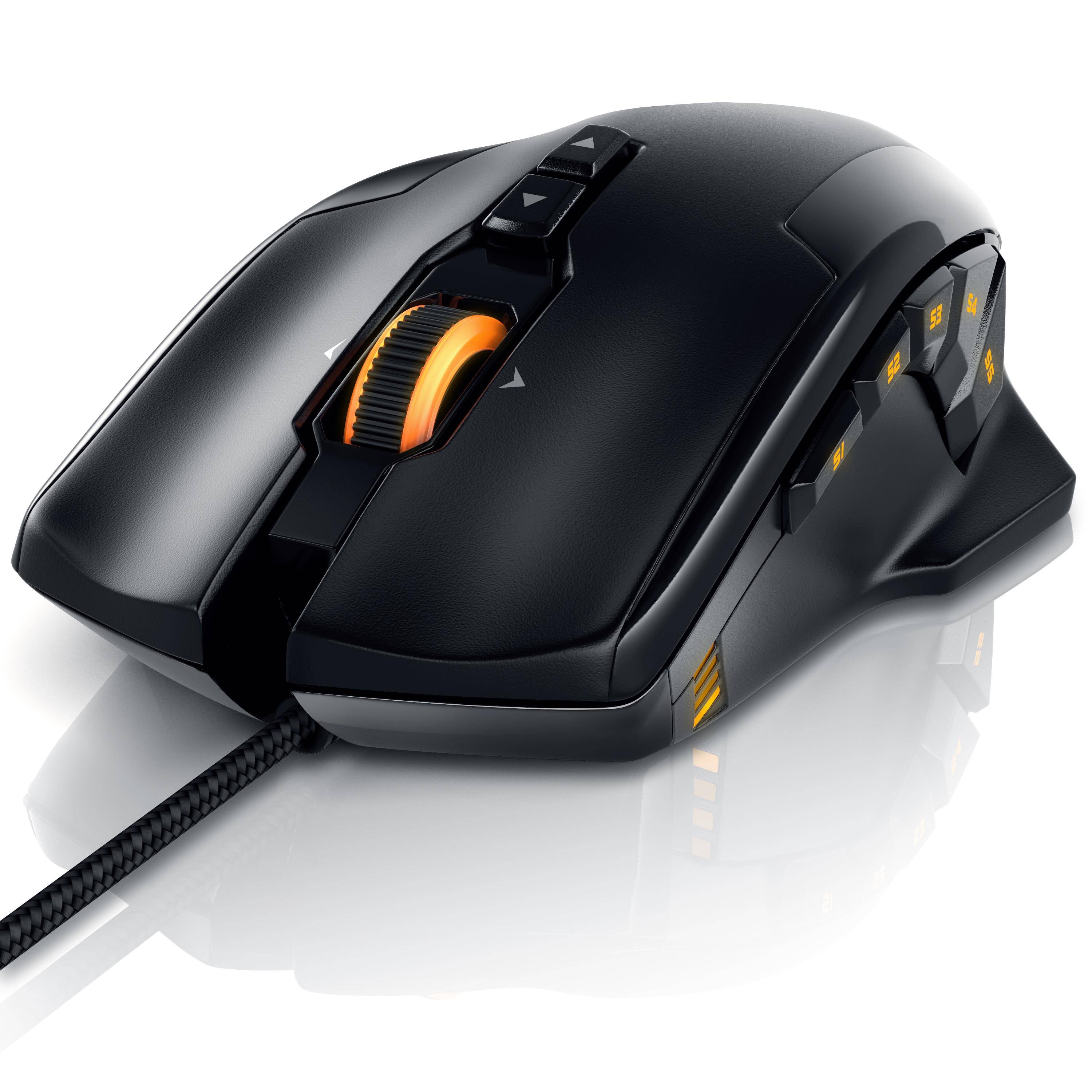 Schwarze kabelgebundene Gaming-Maus mit orangem Scrollrad und Seitentasten auf weißem Hintergrund.
