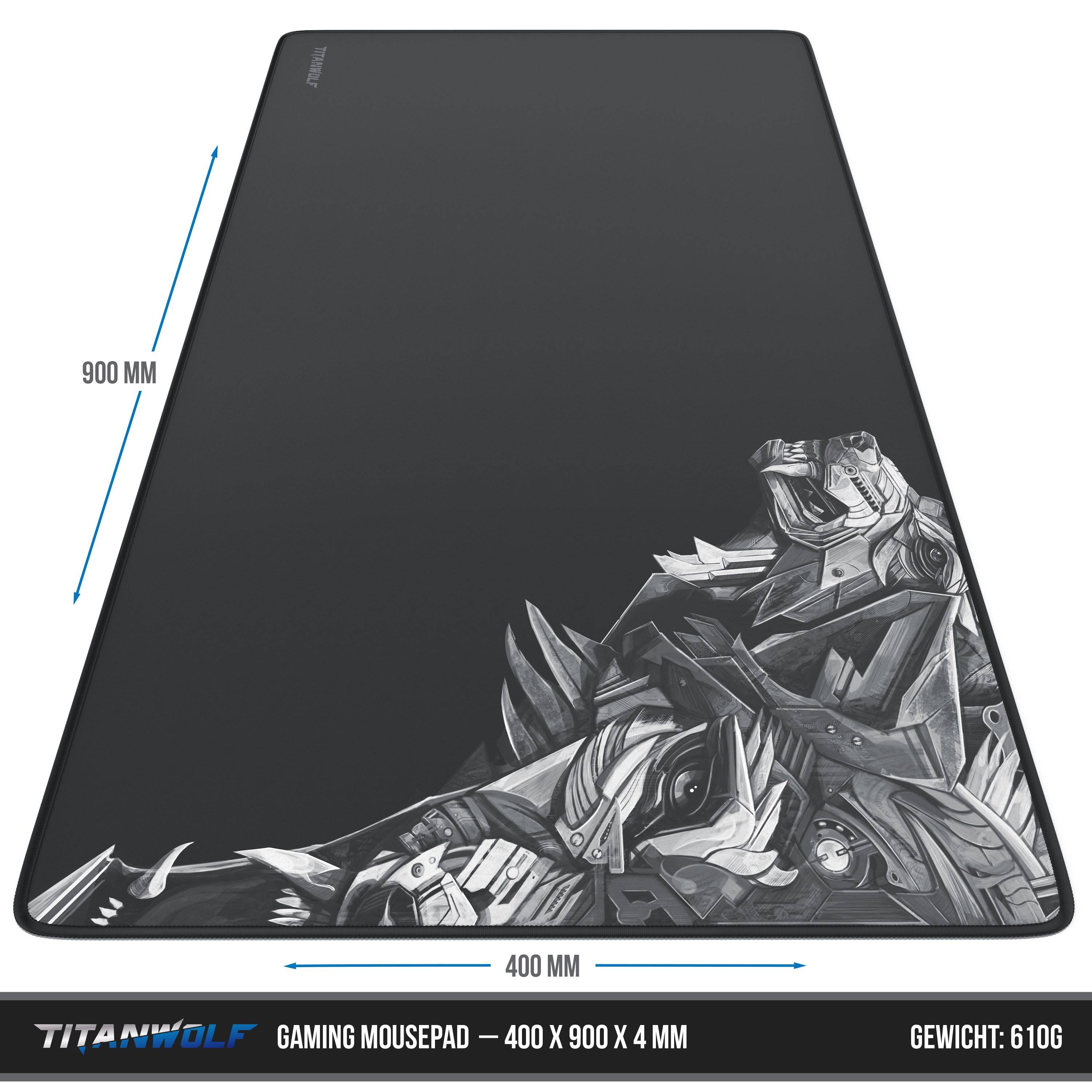 Schwarzes Titanwolf Gaming Mousepad mit Wolfgrafik, gekennzeichnet mit 400 x 900 x 4 mm und 610 g, gezeigt mit Größenpfeilen für Breite und Länge.