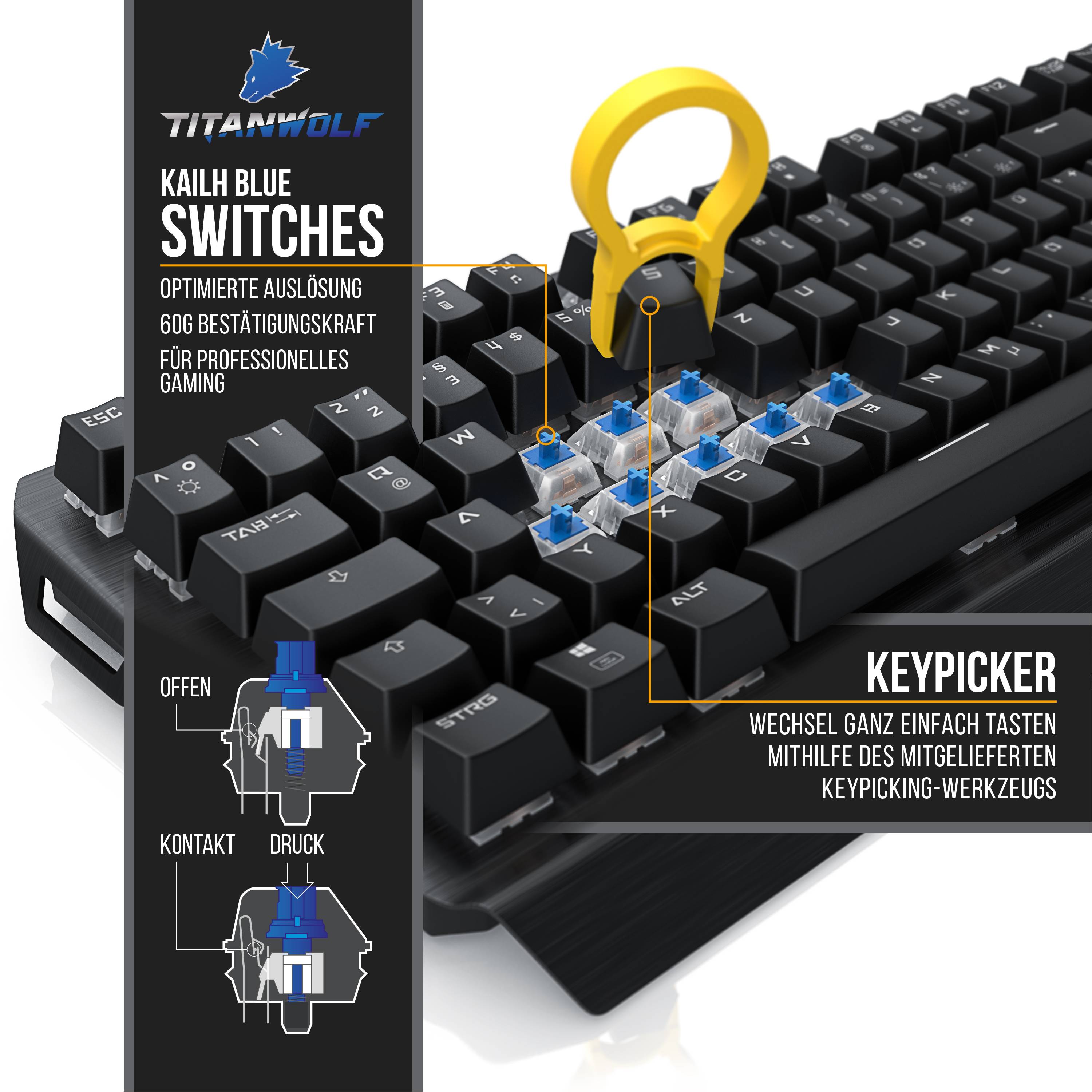 Werbeabbildung einer Titanwolf mechanischen Tastatur mit Kailh Blue Schaltern, die einen gelben Tastenabzieher und Schlüssel-Pickwerkzeug hervorhebt, sowie deutscher Text über 60g Auslösekraft und einfaches Tastenauswechseln.