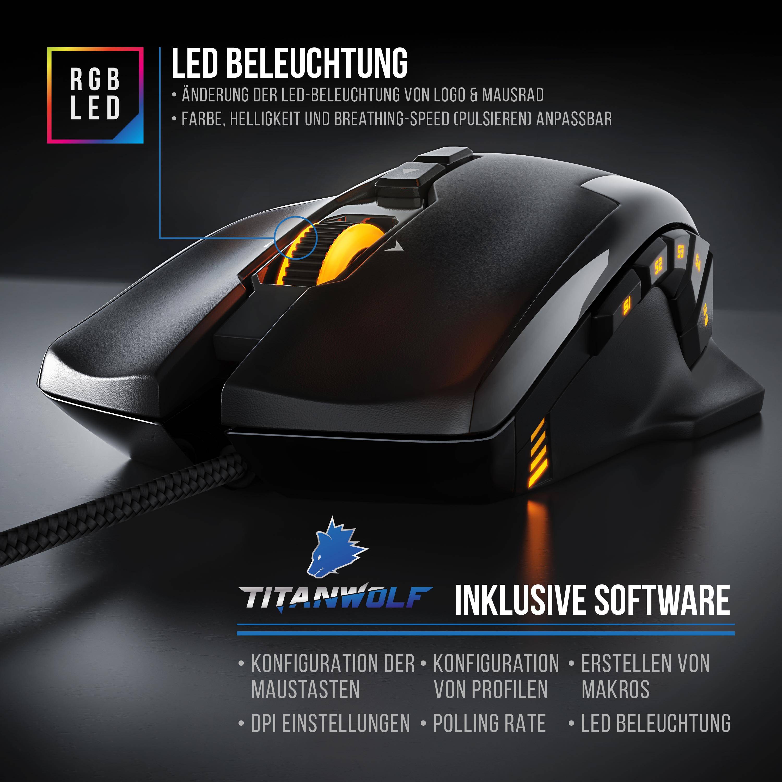 RGB-LED-Gaming-Maus mit anpassbarem Logo und Mousepad-Beleuchtung; Software enthalten für Tastenbelegung, Profile, Makros, DPI, Abfragerate und LED-Einstellungen.