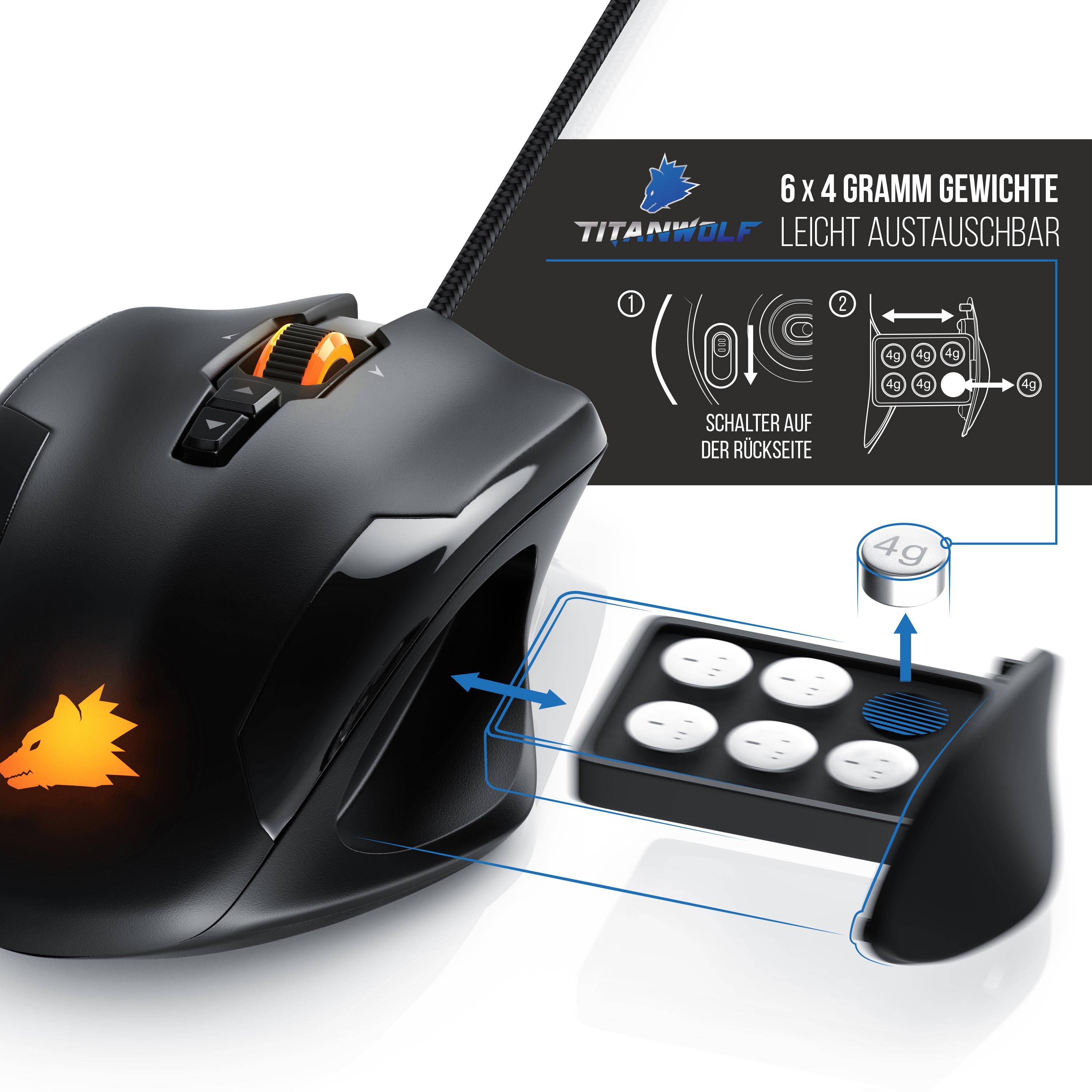Schwarze Gaming-Maus mit abnehmbaren 6 x 4g Gewichten; Diagramm zeigt Hinterseite-Schalter und Gewichtsablage zur einfachen Anpassung.