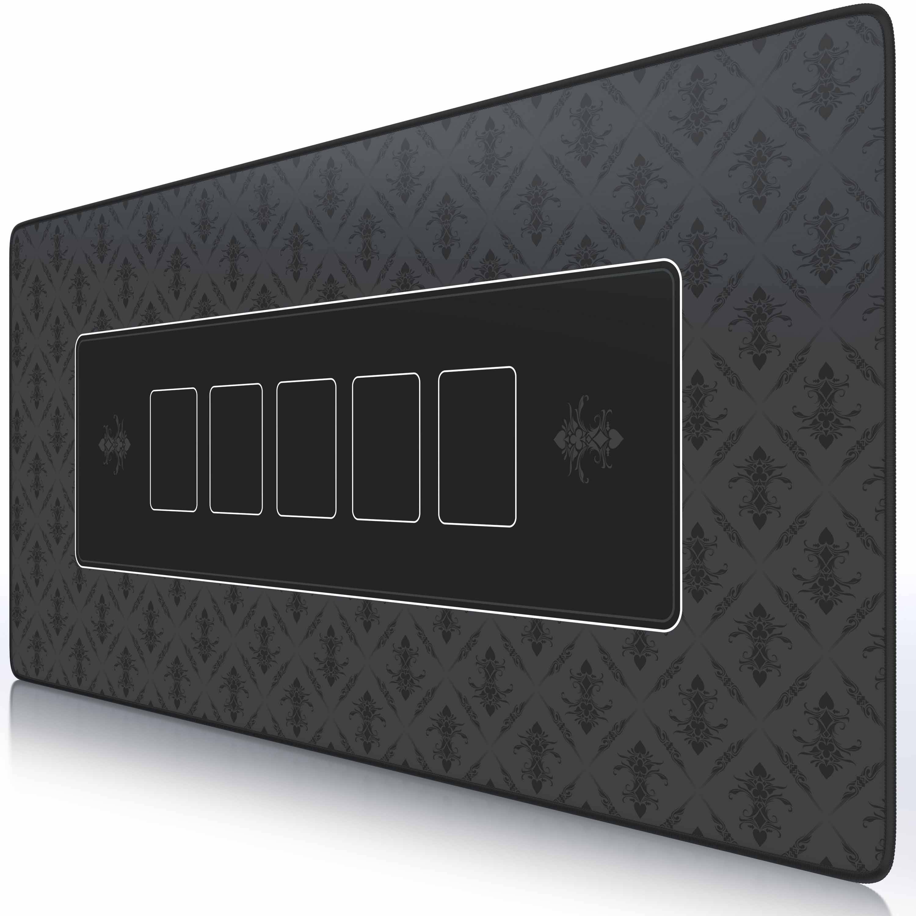 Schwarze gemusterte Wandplatte mit fünf rechteckigen Schalteröffnungen im Wippenschalter-Stil in einer horizontalen Reihe angeordnet.