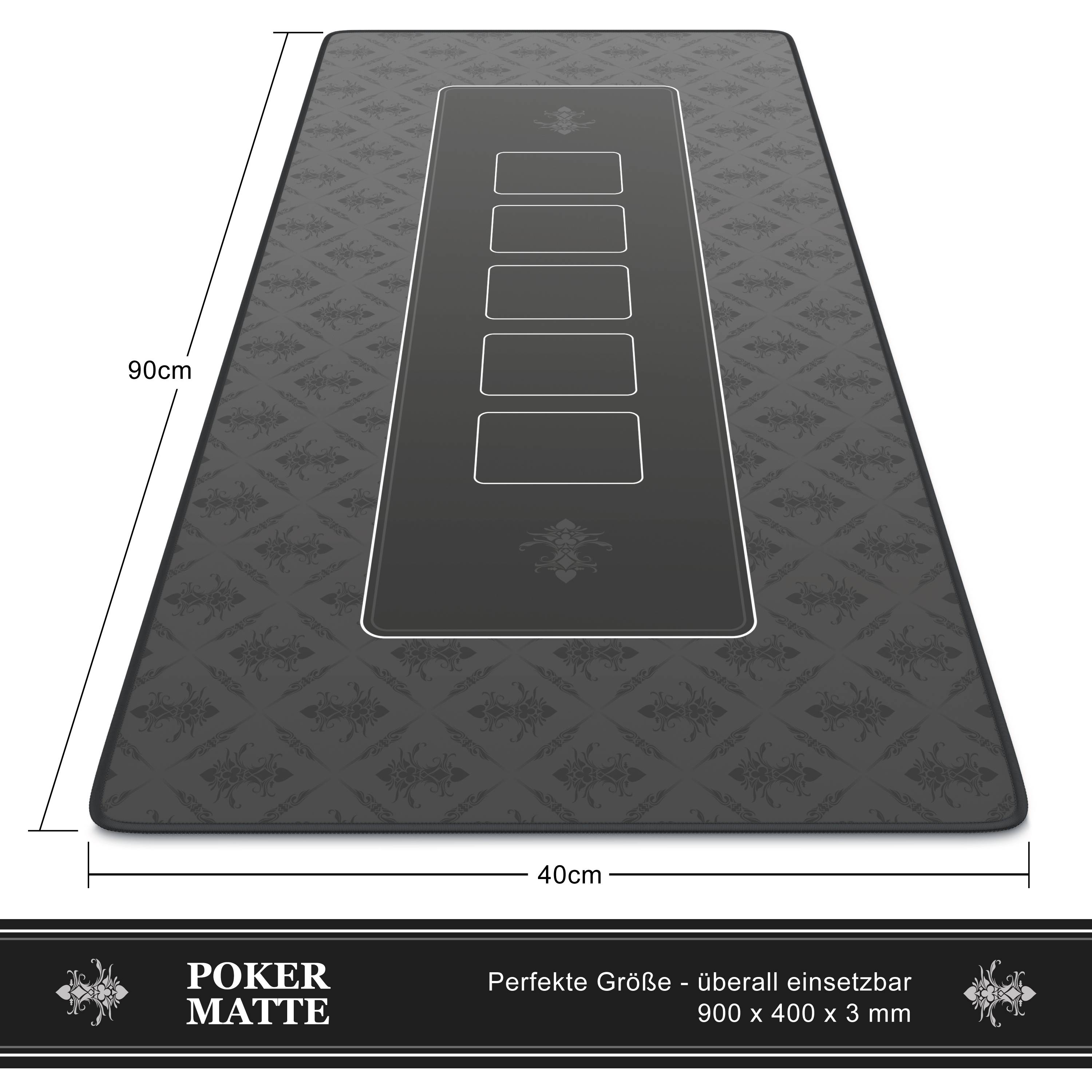 Pokermatte gezeigt mit fünf Kartenpositionen, Größe 90 cm mal 40 cm; gekennzeichnet mit „Perfekte Größe - überall einsetzbar" und „900 x 400 x 3 mm"".