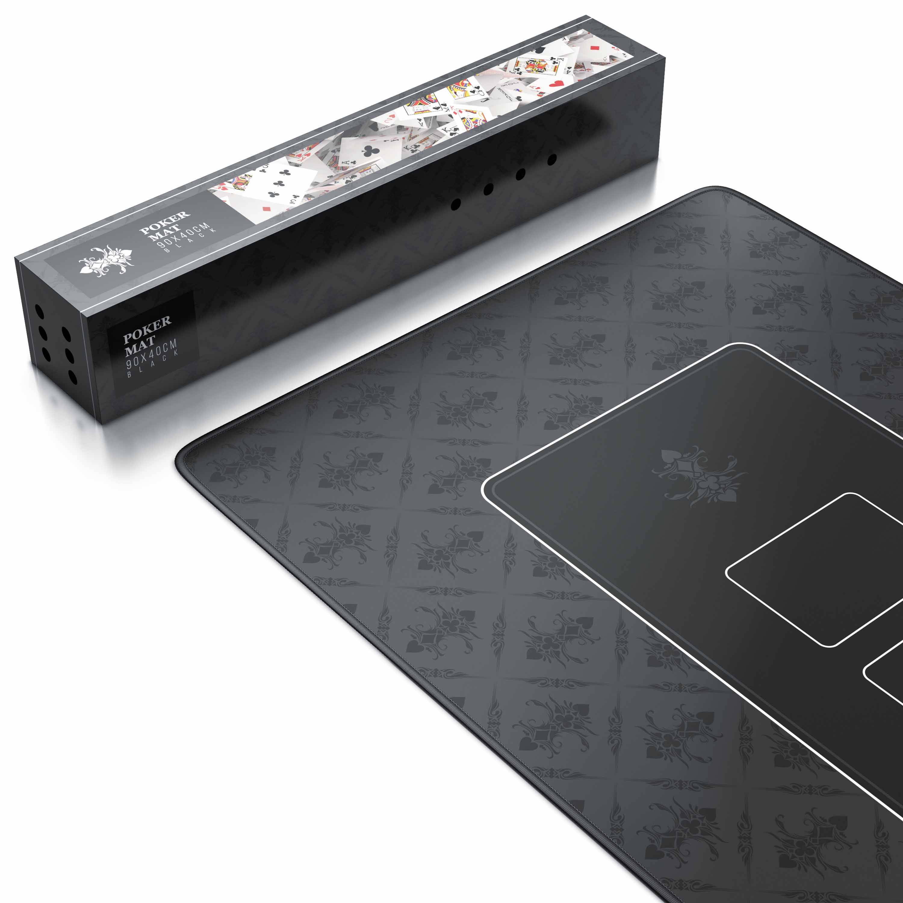 Schwarzes Poker-Set mit Verpackung, enthält eine lange Kartenschachtel und eine passende schwarze Spielmatte mit markierten Kartenzonen.