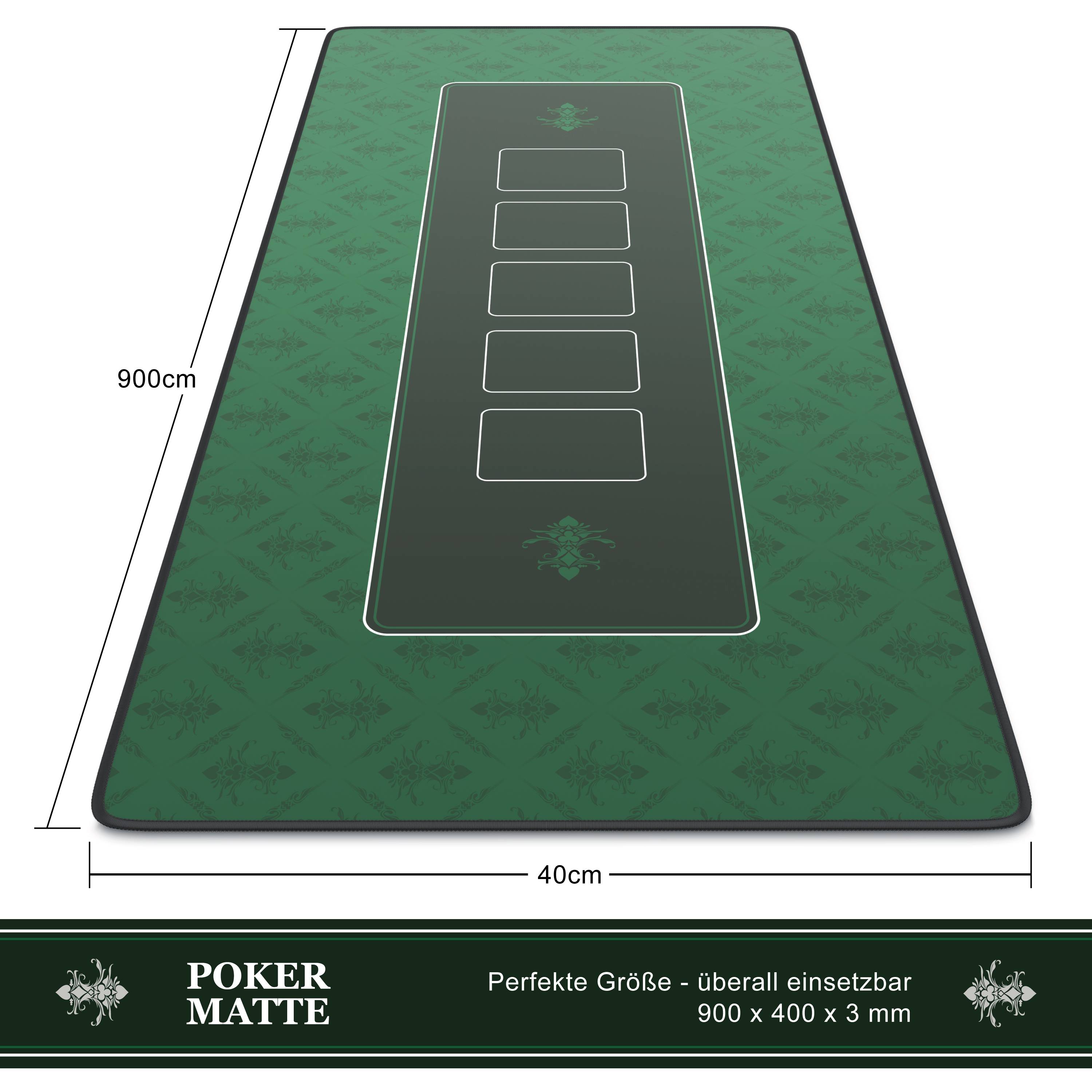 Grüne Pokermatte in Perspektivansicht, Abmessungen 900 x 400 x 3 mm, mit zentralem Kartenauslegungsbereich und „POKER MATTE" Branding.