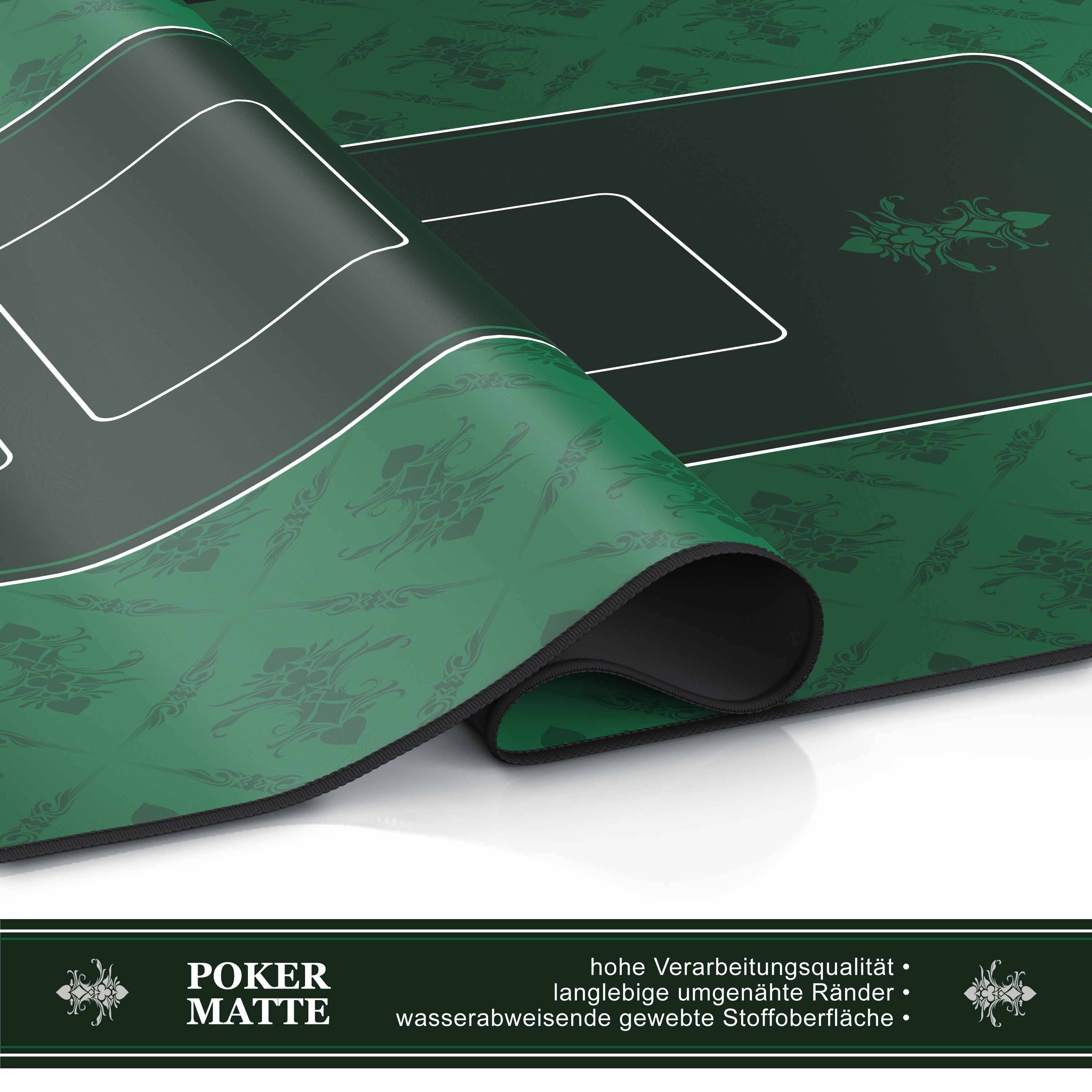 Grüne und schwarze Pokermatte mit gedrucktem Karten- und Chiplayout, gekantete Kante gezeigt; Etikett liest „POKERMATTE" und deutsche Merkmale Text.