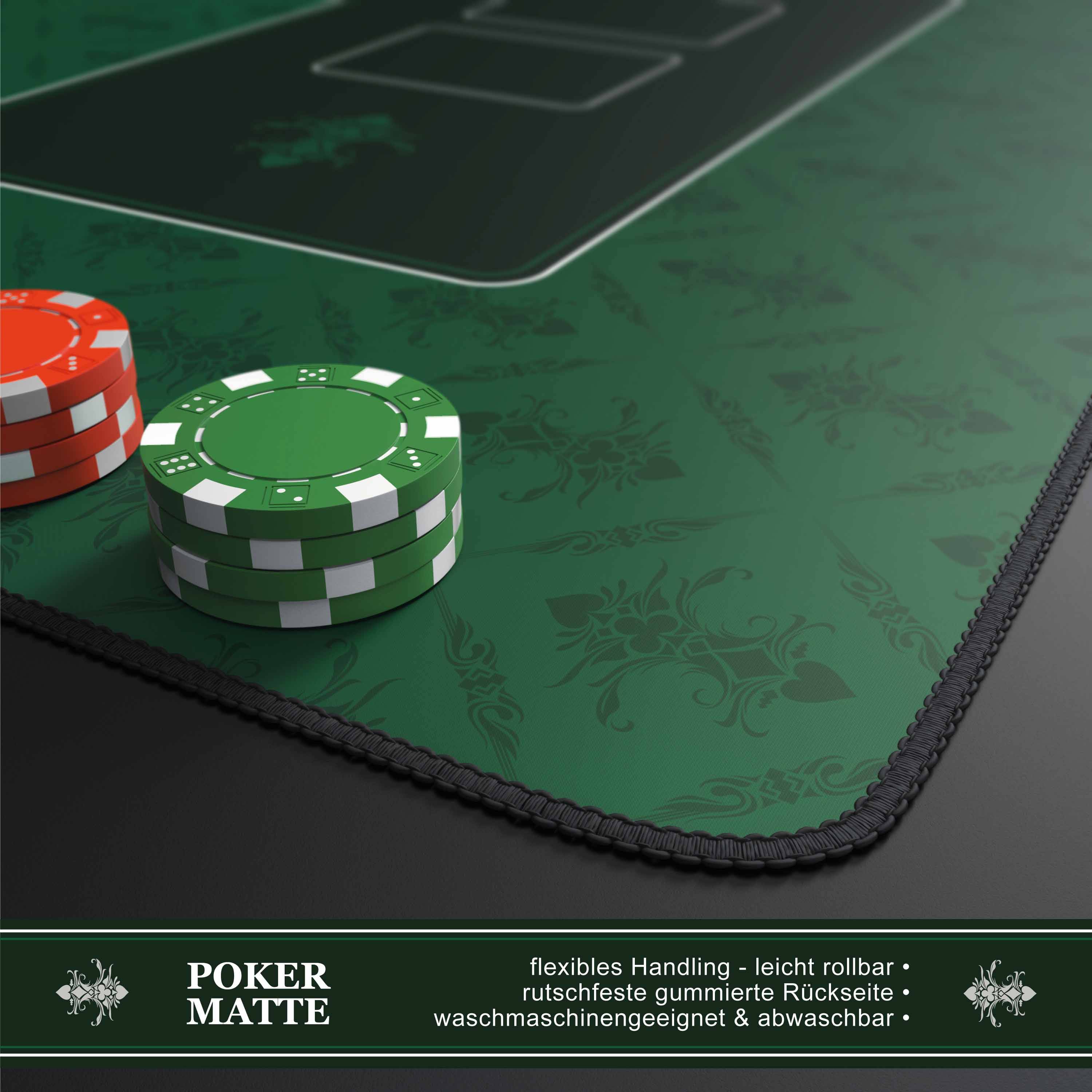 Grüne Pokermatte mit roten und grünen Chips und Aufschrift "POKER MATTE"", plus deutscher Text, der eine flexible, waschbare, rutschfeste Oberfläche beschreibt.