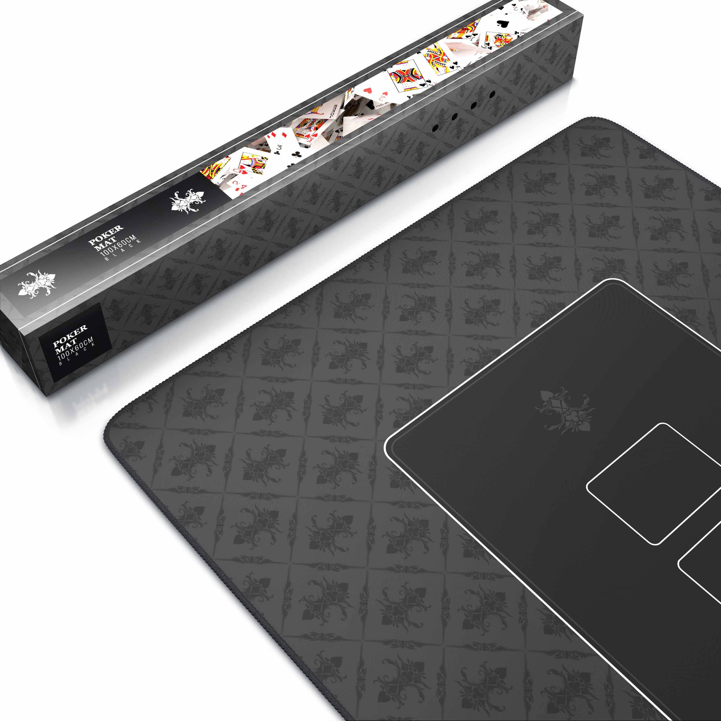 Schwarze Pokerspielmatte mit Kartenmotiv und passendes längliches Boxverpackung mit Kartengrafiken und zentralem Spielbereich-Umriss.
