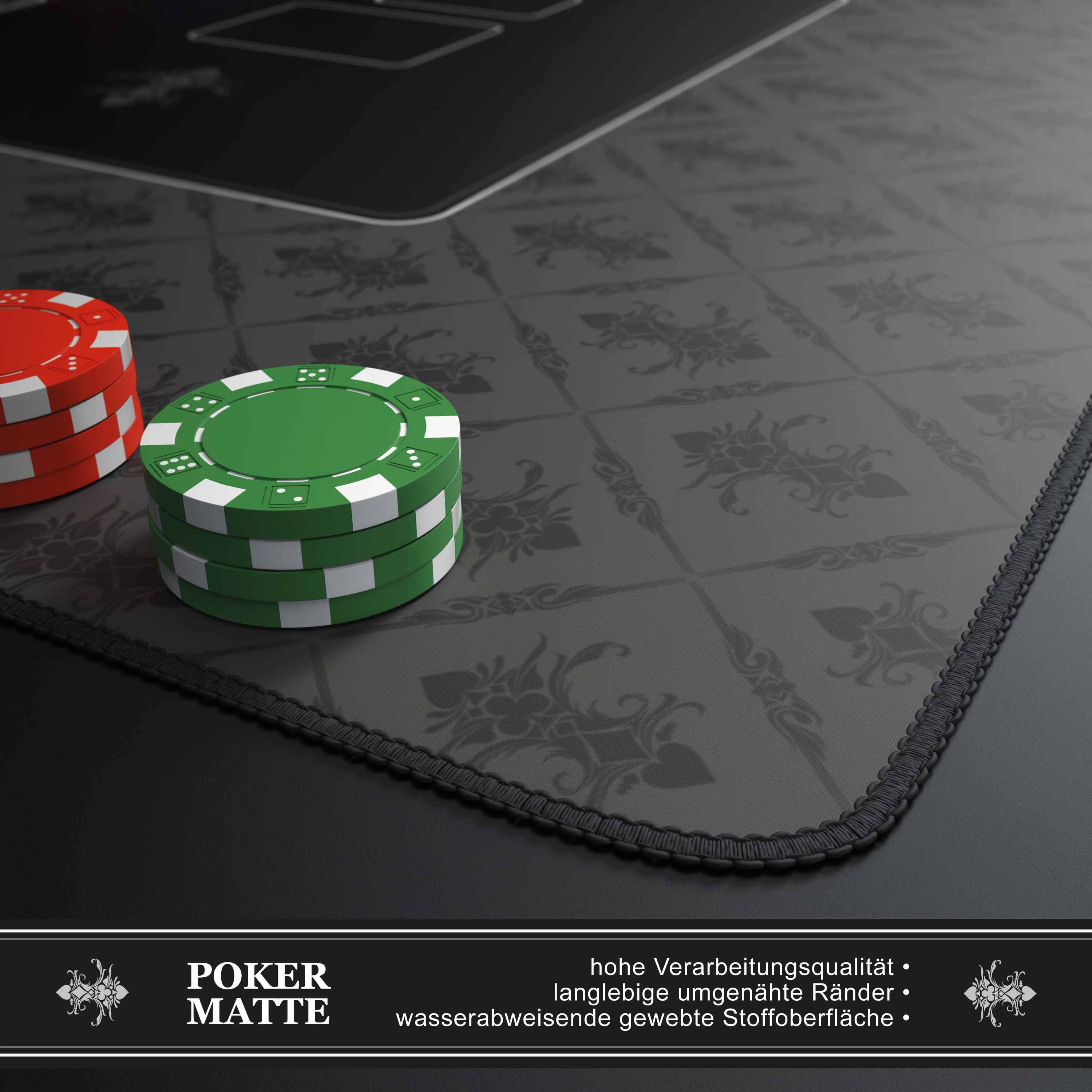 Nahaufnahme einer schwarzen Pokertischmatte mit grünen und roten Chipstapeln, die eine strukturierte, gesäumte Kante und gedruckten "POKER MATTE""-Produkttext zeigt.