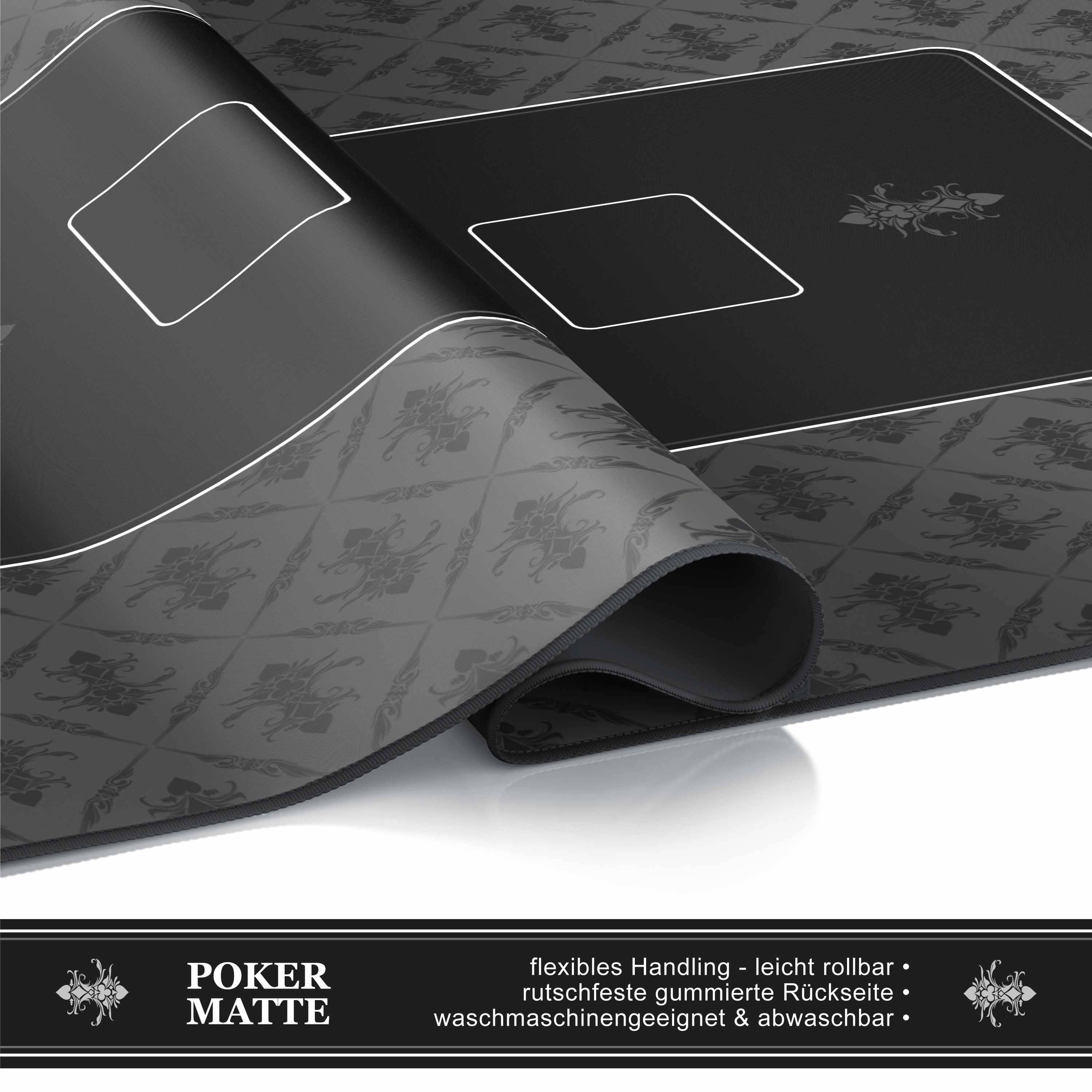 Schwarze umkehrbare Pokermatte mit bedruckten Kartenzonen, beschriftet mit "POKERMATTE"" und deutschem Text, der flexible Handhabung, weiches Rollen und waschbare Oberfläche beschreibt.