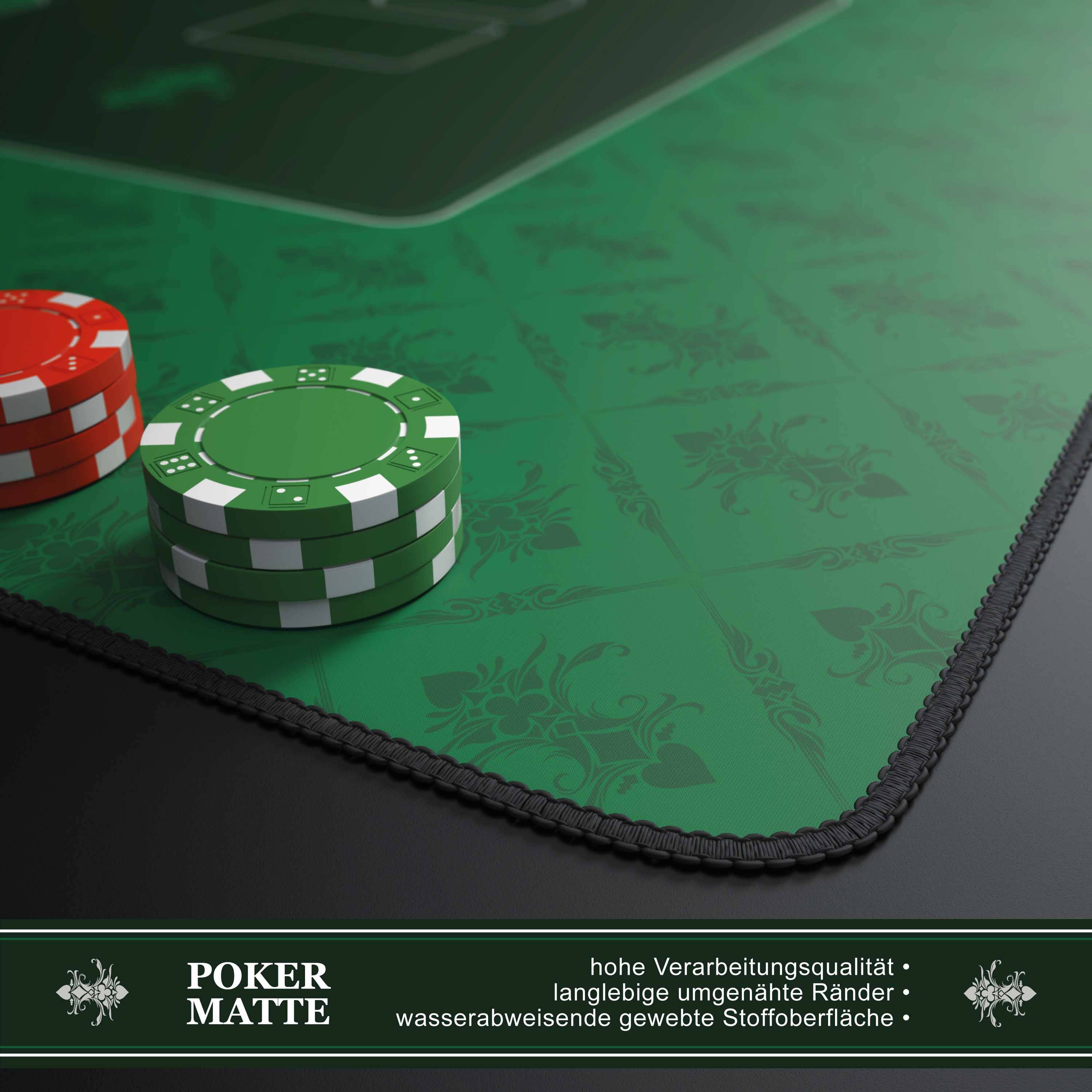 Grüne Pokermatte mit gestapelten roten und grünen Chips; Der deutsche Text darunter besagt, dass sie hochwertige Verarbeitung, extra-hohe genähte Kanten und eine wasserabweisende Webstoff-Oberfläche hat.