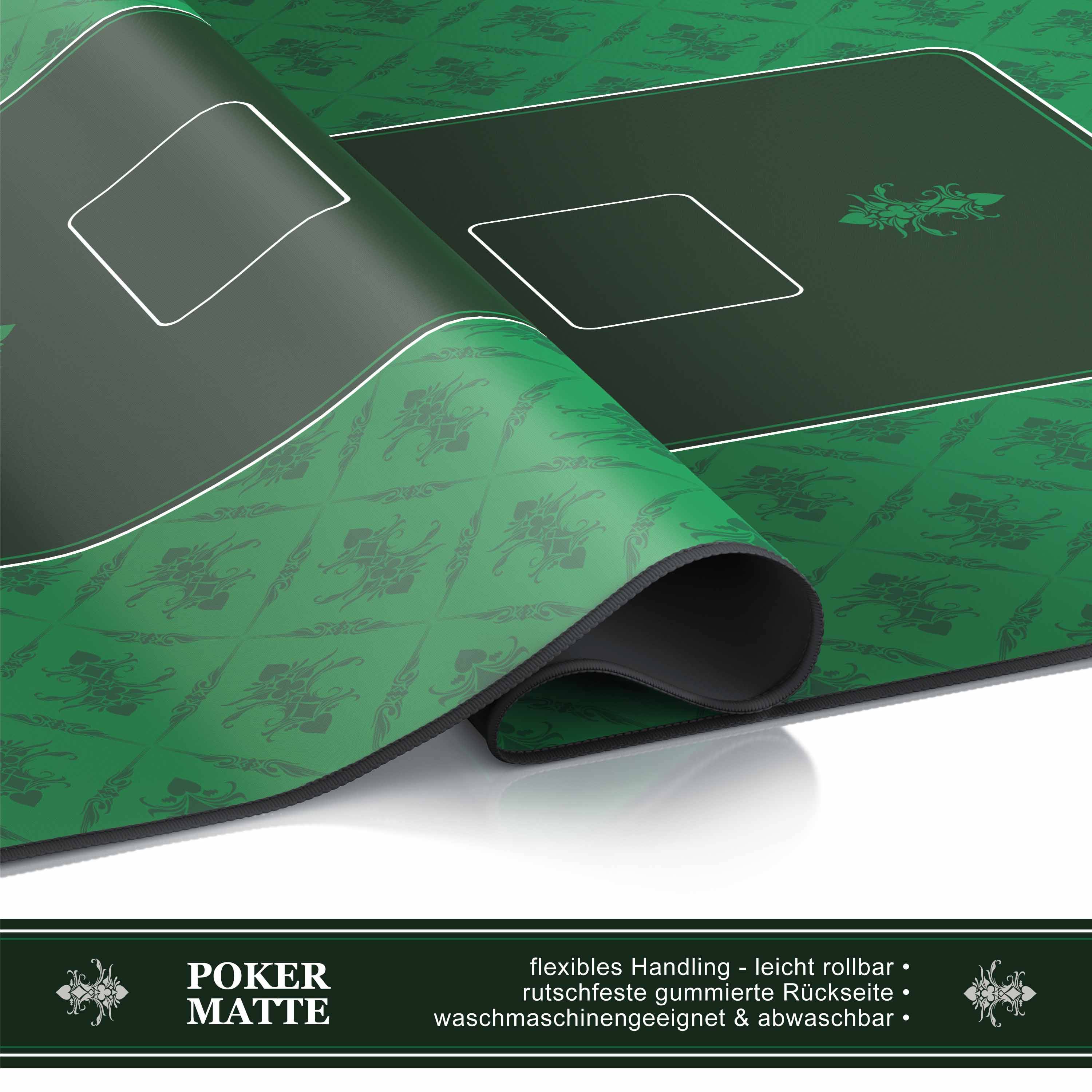 Grüne Pokermatte mit zwei weiß umrandeten Kartenbereichen und der Beschriftung „POKERMATTE", leicht aufgerollt, um die flexible, waschbare Rückseite zu zeigen.