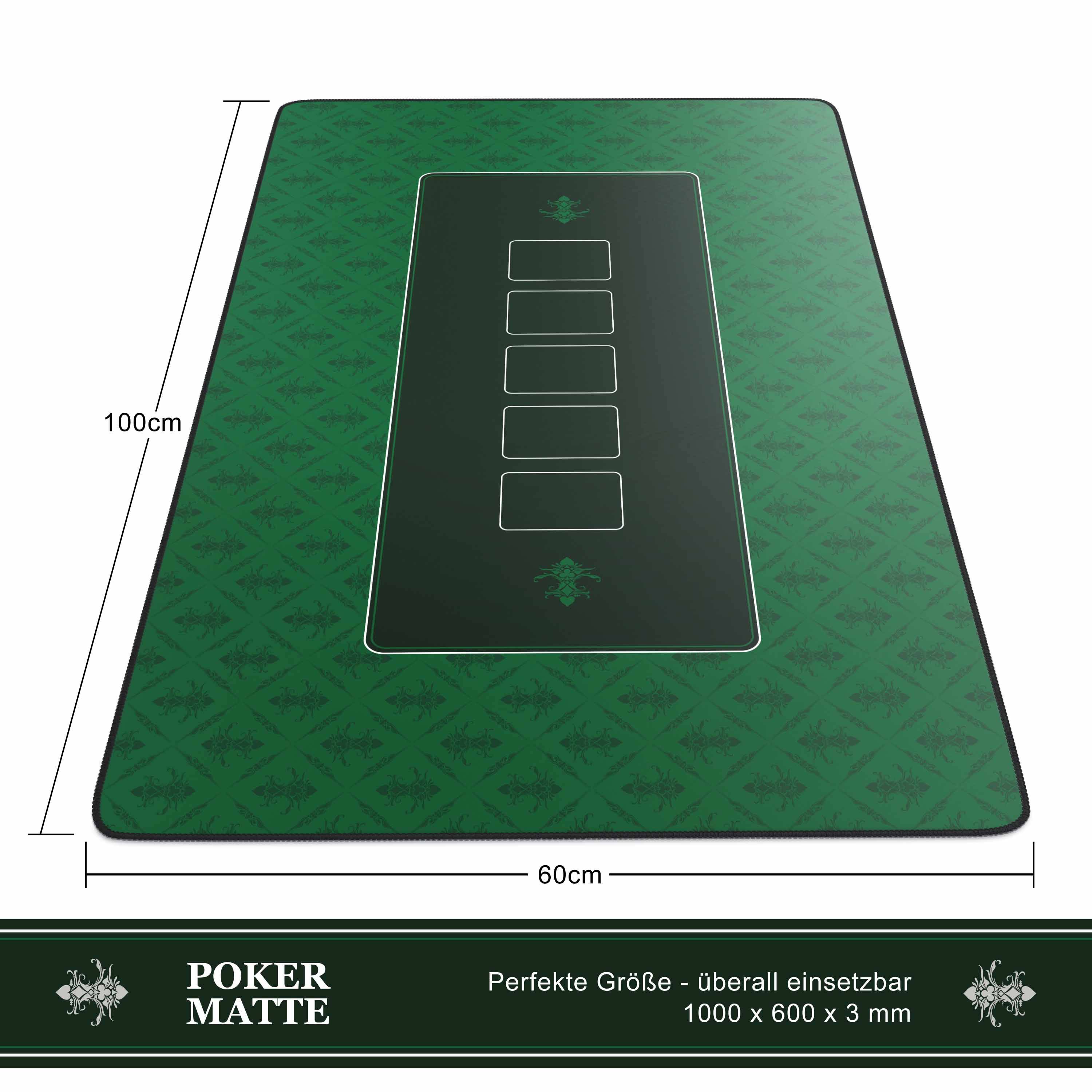 Grüne Pokermatte mit zentralem Kartenbereich und 5 gekennzeichneten Plätzen, dargestellt mit den Abmessungen 100 cm x 60 cm und dem Text „POKER MATTE" und „Perfekte Größe - überall einsetzbar 1000 x 600 x 3 mm"".