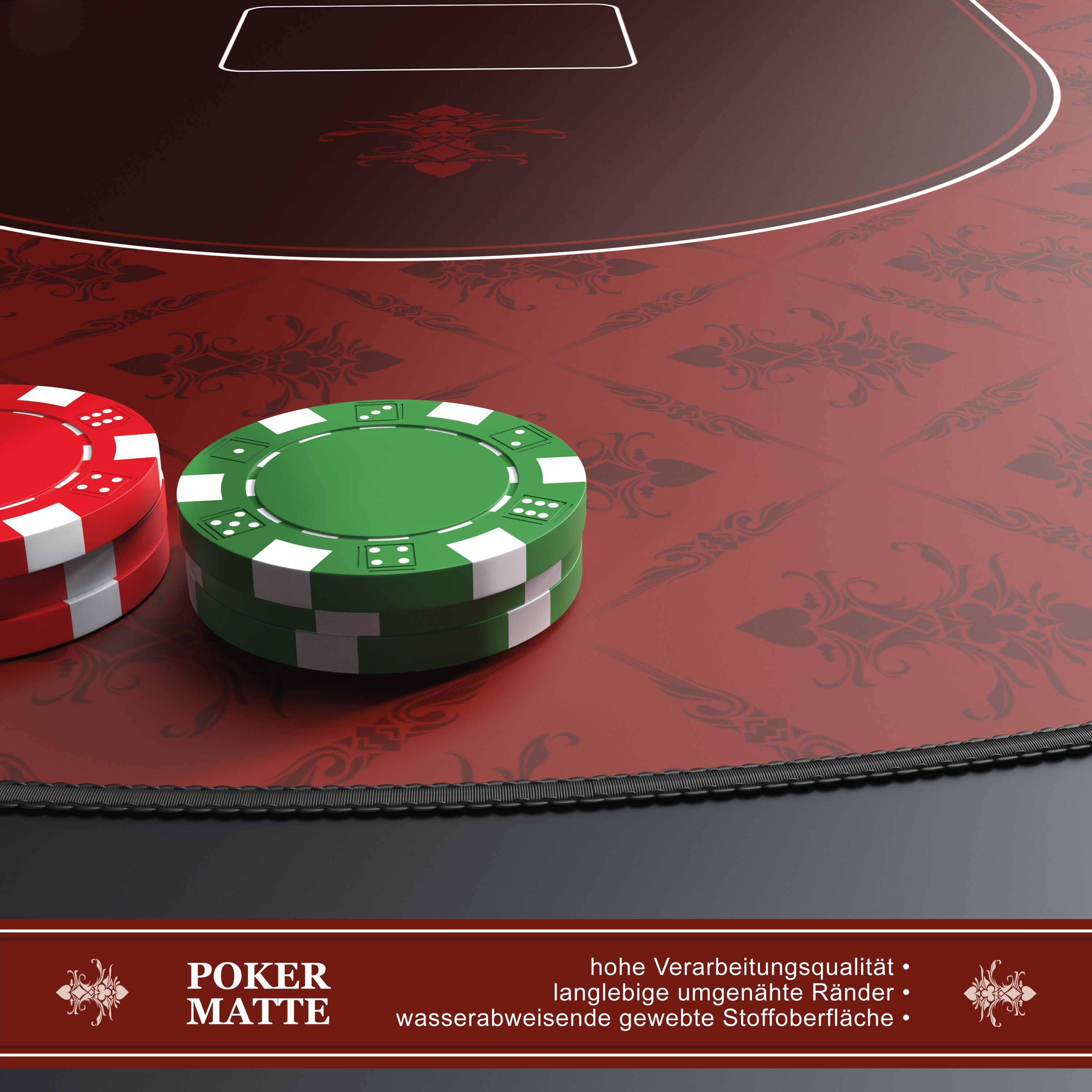 Rote und grüne Pokerchips auf einer roten Pokermatte mit einem Wettbereich und Produkttext mit der Aufschrift „POKER MATTE" und „hohe Verarbeitungsqualität"".