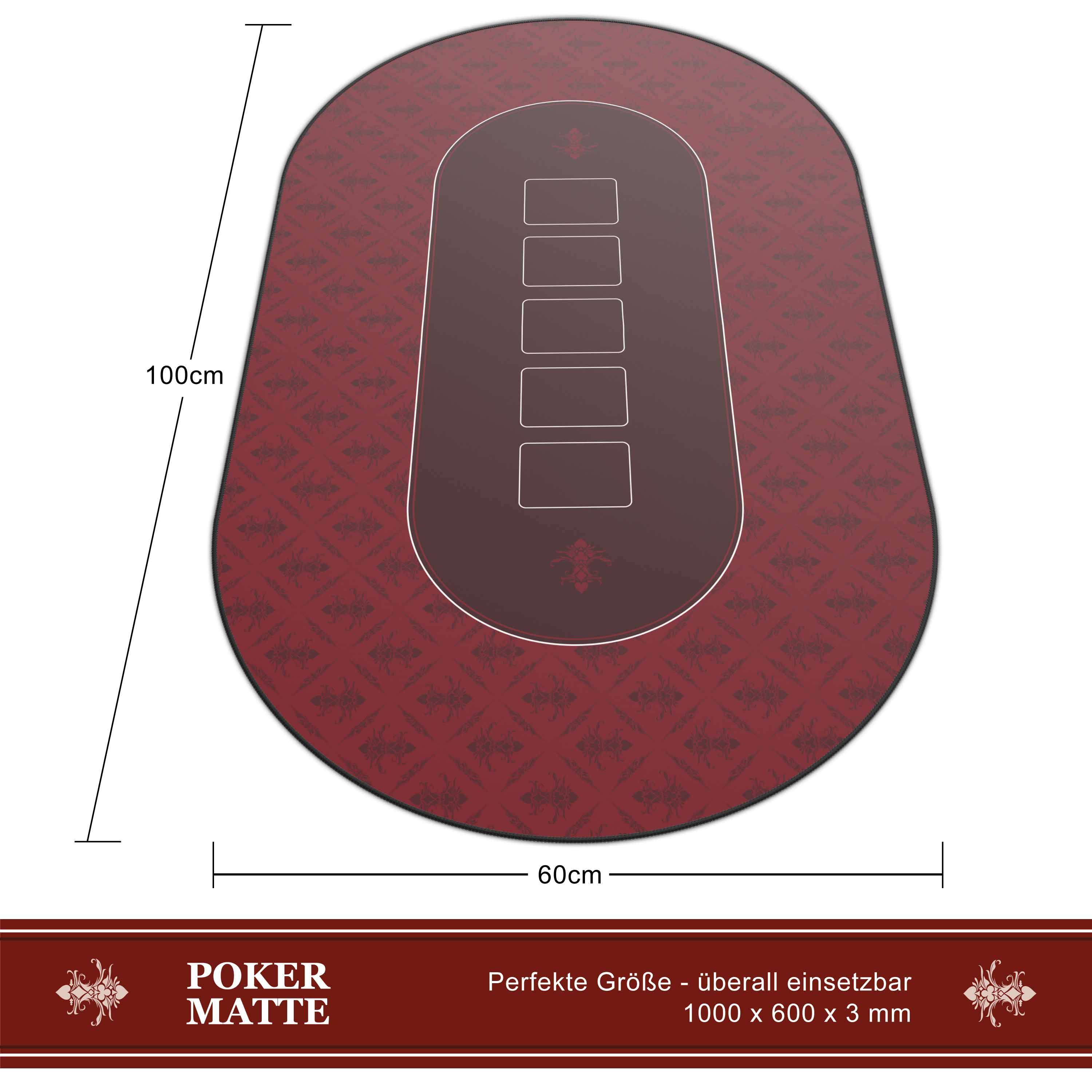 Rote Pokermatte mit zentralem Kartenlayout und angezeigten Abmessungen: 100 cm lang, 60 cm breit, 1000 x 600 x 3 mm.