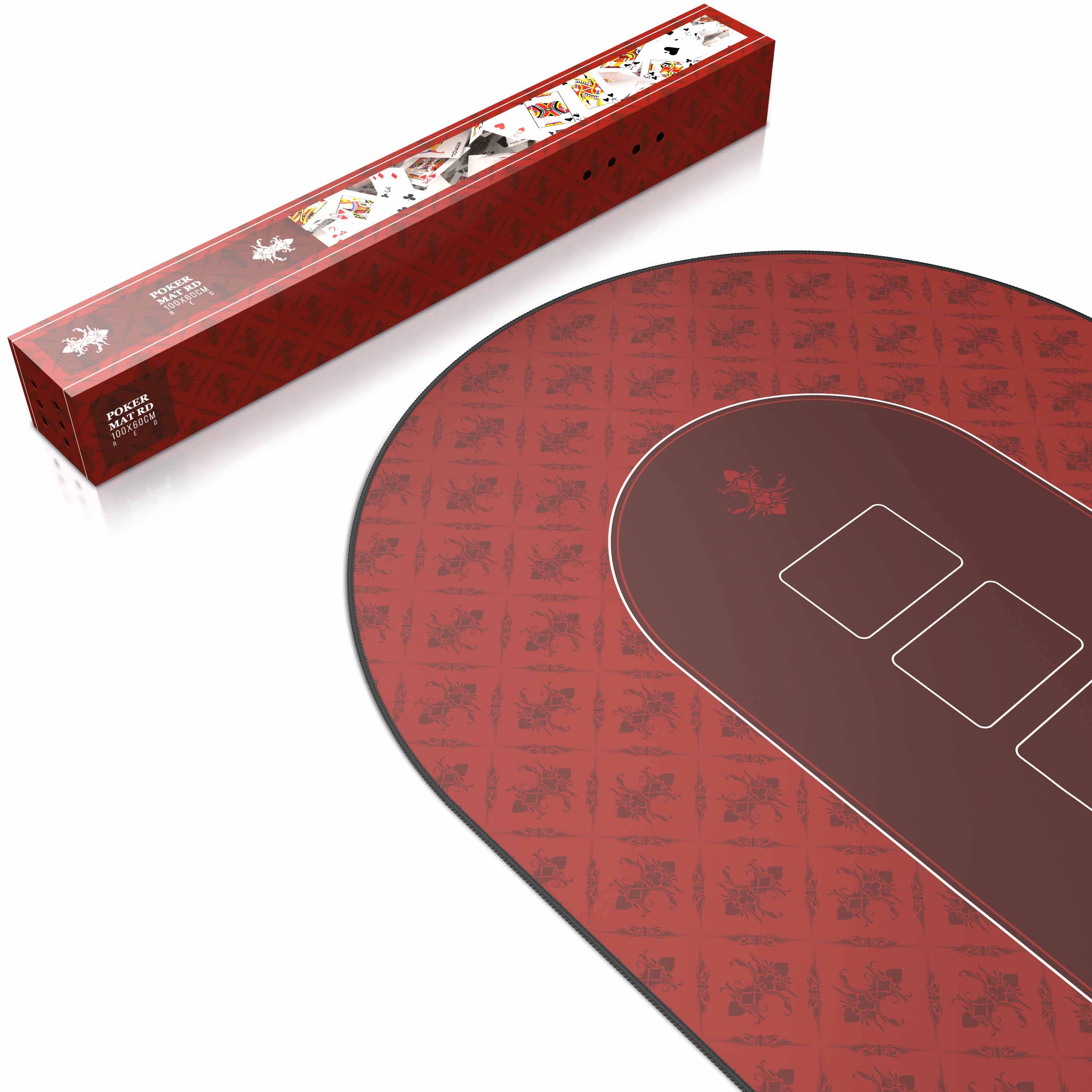 Rote und braune Custom-Spielkartendeck-Box und übergroße Karte mit Platzhalter-Rechtecken mit weißem Rand auf weißem Hintergrund.