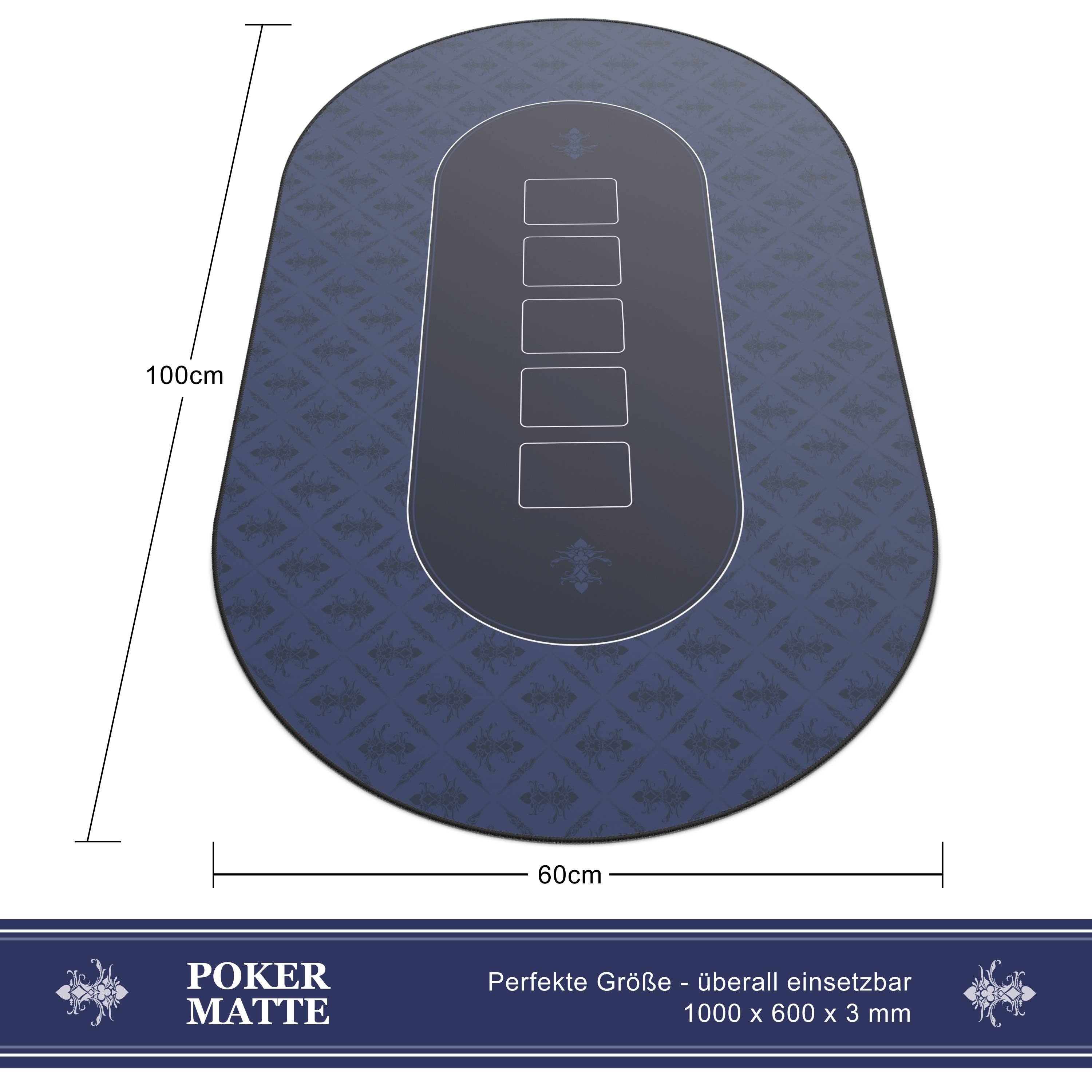 Produktbild einer blauen ovalen Pokermatte mit einem zentralen Kartenbereich und fünf Wettfeldern, beschriftet mit 100 cm Höhe und 60 cm Breite; der Text sagt „POKER MATTE" und „Perfekte Größe - überall einsetzbar 1000 x 600 x 3 mm"".
