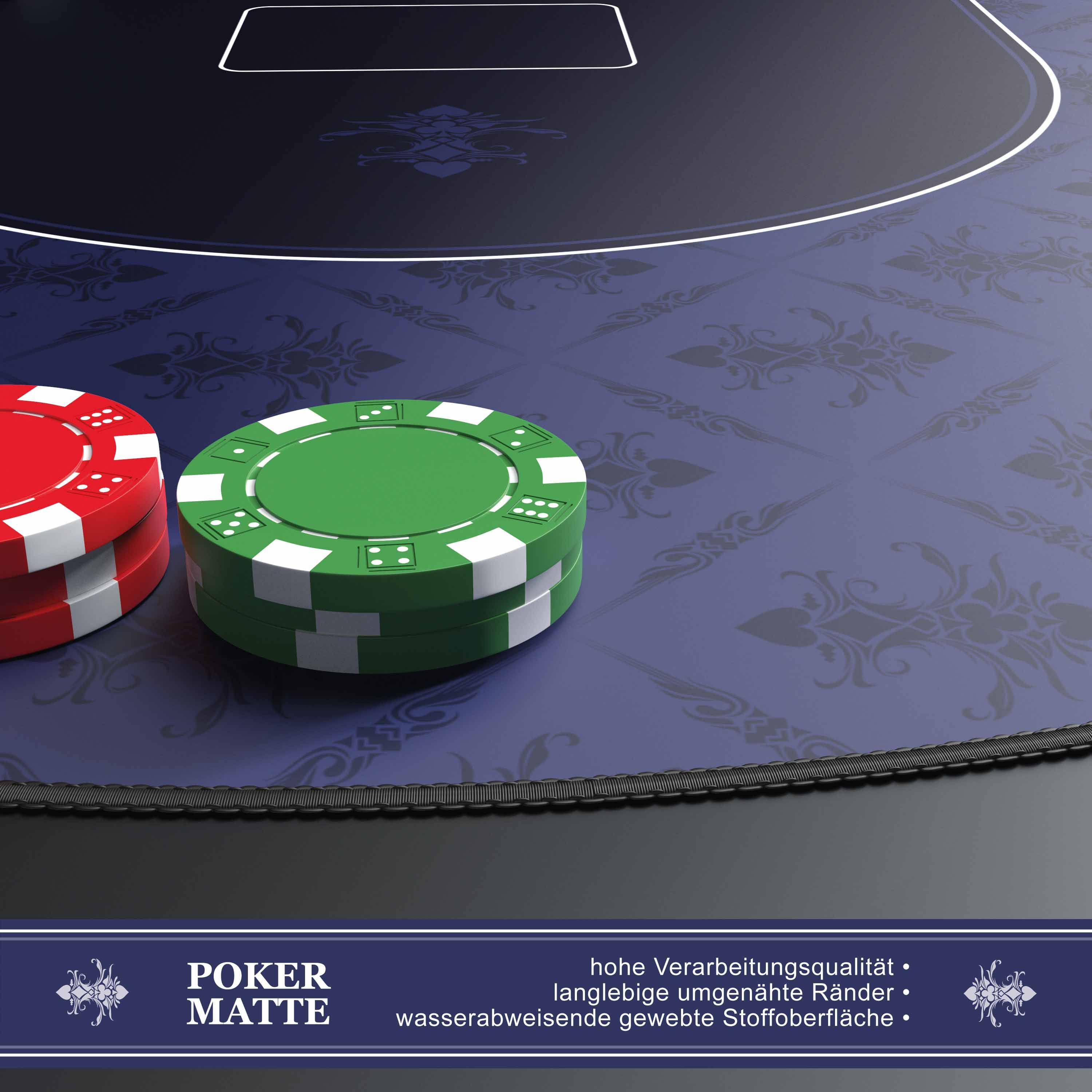 Poker-Tischmatte mit zwei Casino-Chips, rot und grün, auf einer dunklen Filzoberfläche mit einer "POKER MATTE""-Beschriftung und deutschem Funktionstext.