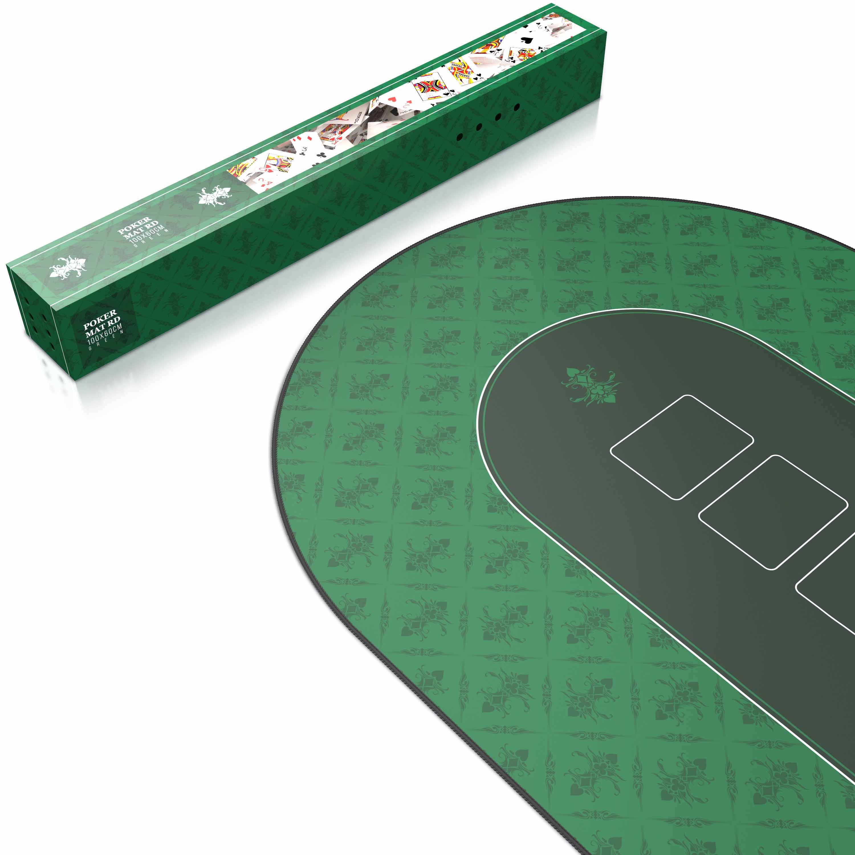 Grüne Pokerplatte und passendes Aufbewahrungsbox, dargestellt in Produktverpackungsstil auf weißem Hintergrund.