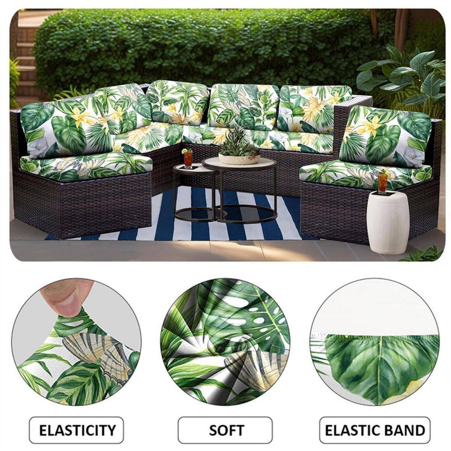 Outdoor-Rattansektional mit tropischen Blattkissen, gezeigt mit Detailkreisen, die Elastizität, weiches Gewebe und elastisches Band hervorheben.