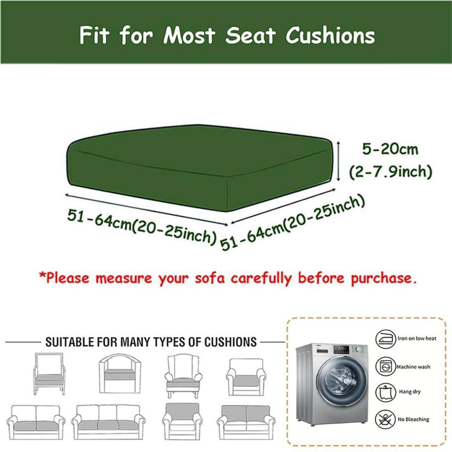 Diagramm mit einer Sitzkissenbezug, der auf Kissen von 51-64 cm x 51-64 cm und 5-20 cm Tiefe passt; geeignet für viele Sofa- und Sesselbiskissen.