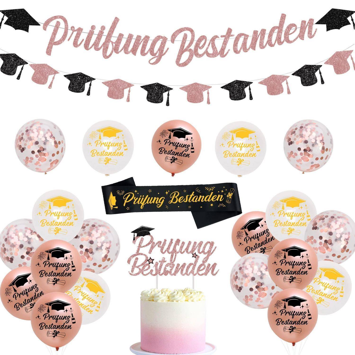 Abschluss Deko Set Prüfung Bestanden Girlande Ballons Schärpe Tortentopper Roségold