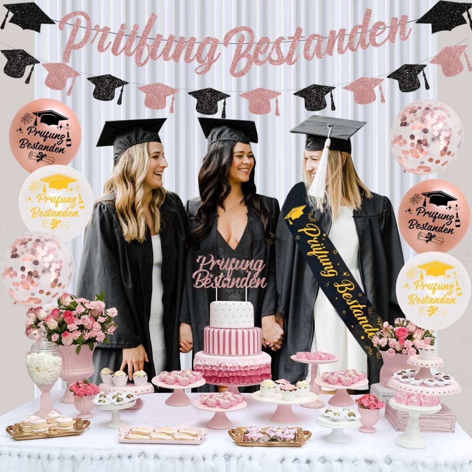 Abschluss Deko Set Prüfung Bestanden Girlande Ballons Schärpe Tortentopper Roségold