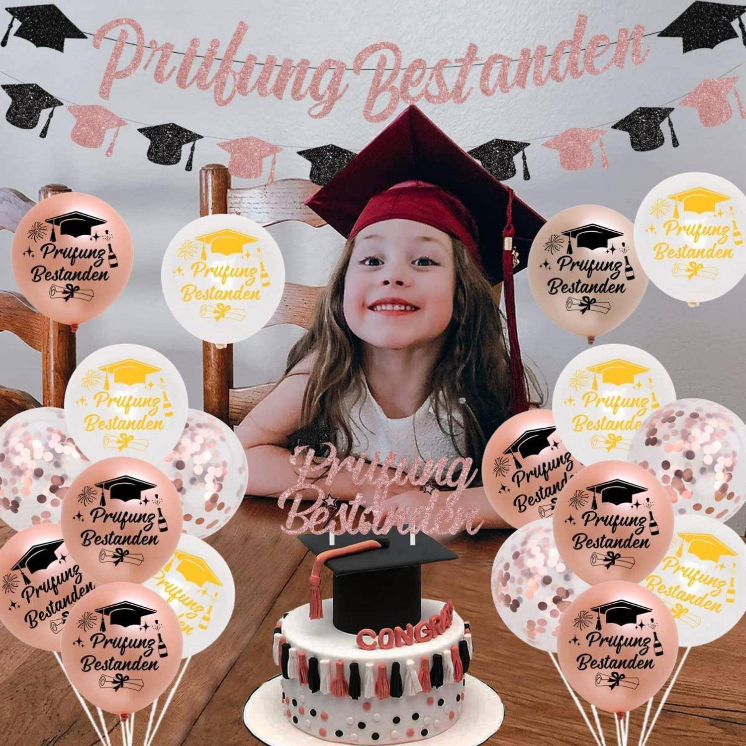 Abschluss Deko Set Prüfung Bestanden Girlande Ballons Schärpe Tortentopper Roségold