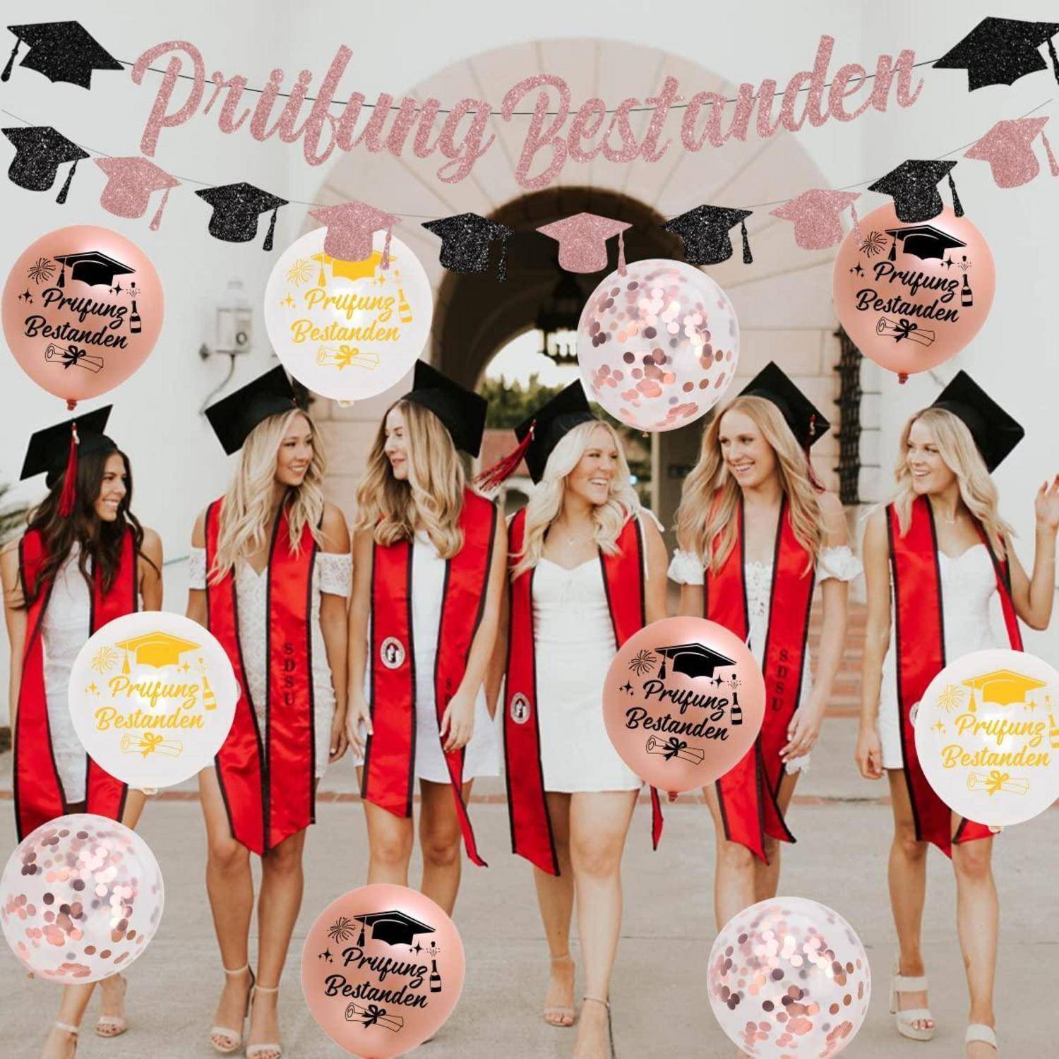 Abschluss Deko Set Prüfung Bestanden Girlande Ballons Schärpe Tortentopper Roségold