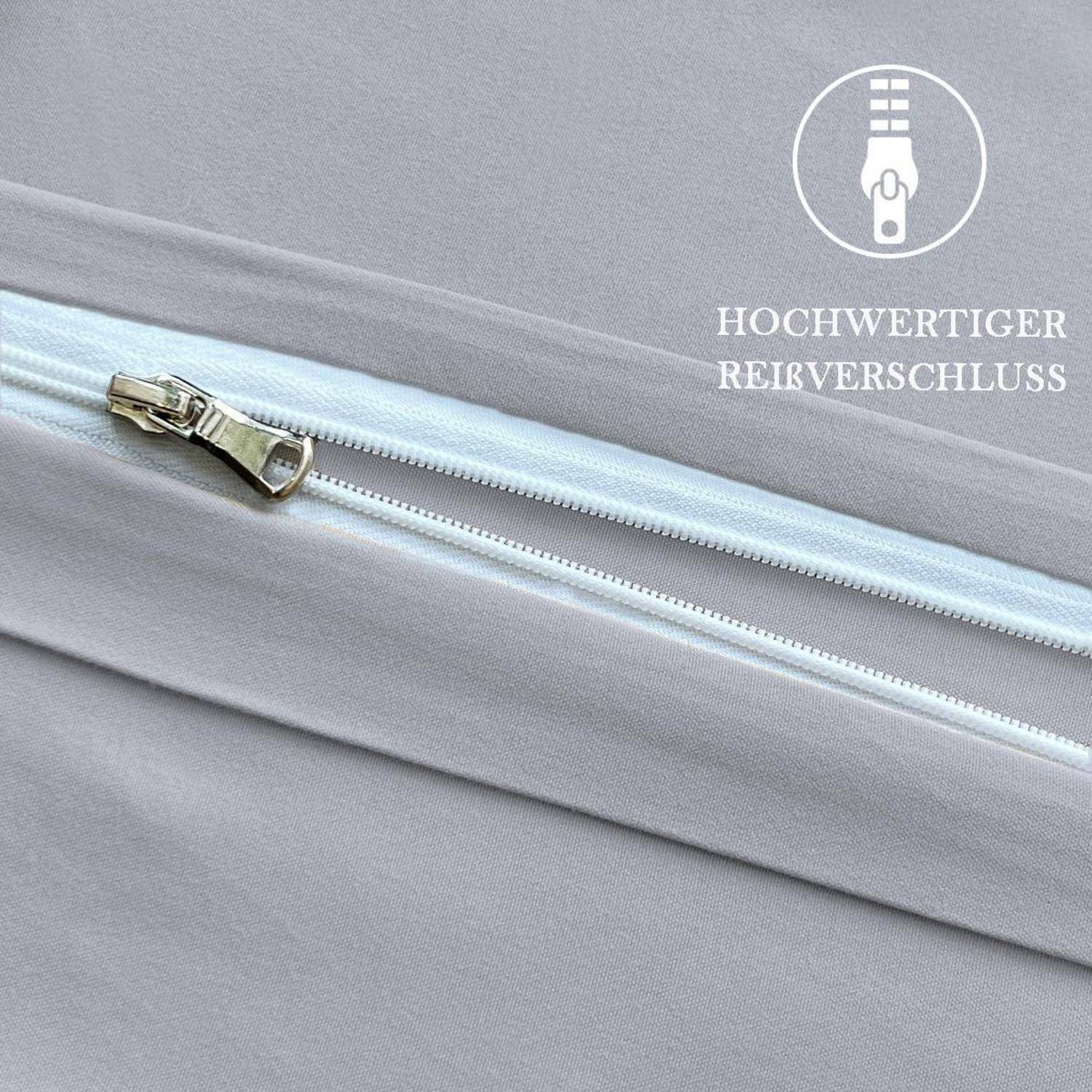 Nahaufnahme eines hellblauen Reißverschlusses auf grauem Stoff, mit der Beschriftung „HOCHWERTIGER REIßVERSCHLUSS", um das hochwertige Verschlusssystem hervorzuheben.