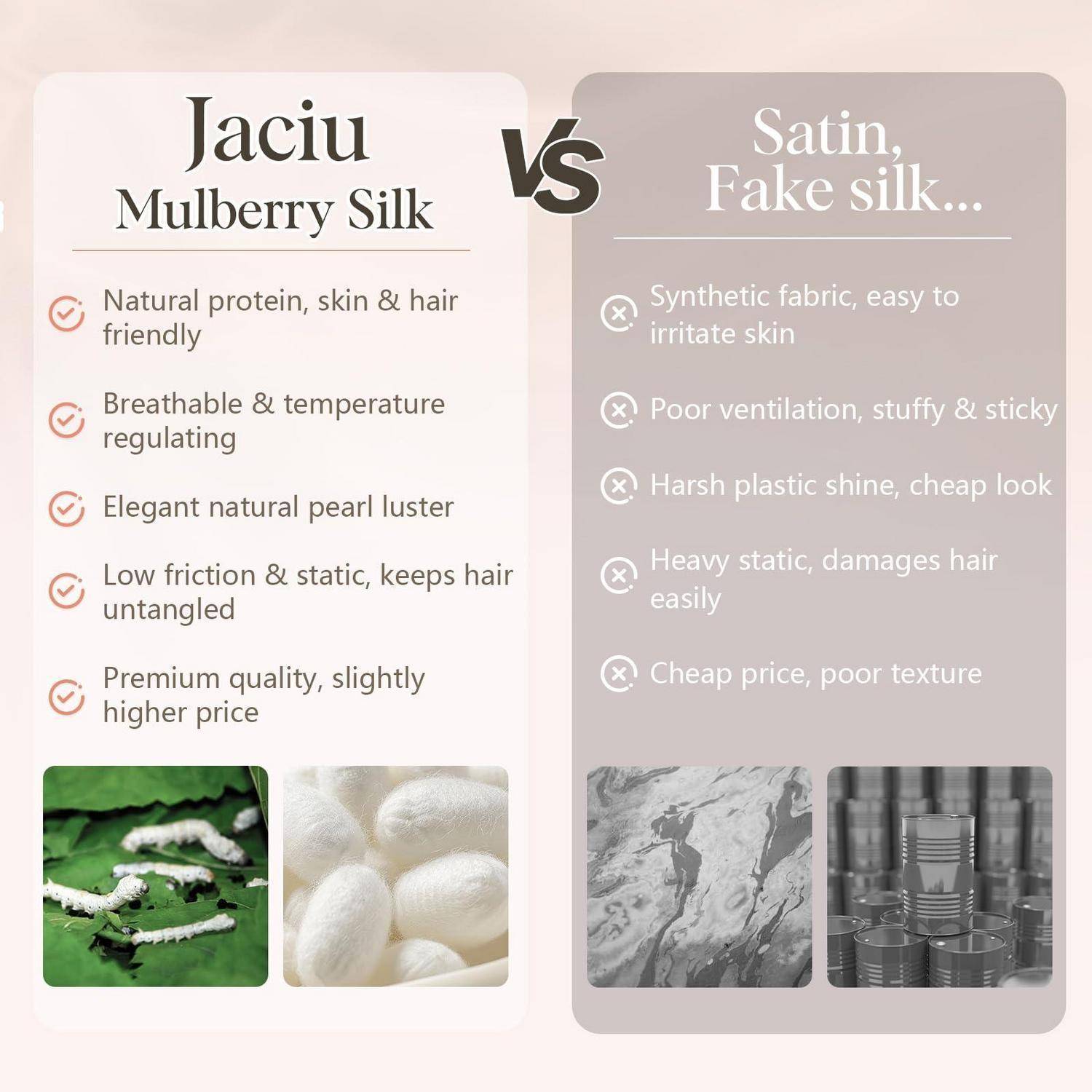 Nebeneinander-Vergleich von Jaciu-Maulbeerseidengewebe versus Satin-Kunstseide, das die Vorteile von Seide zeigt: natürlich, atmungsaktiv, reibungsarm, hochwertig; Kunstseide ist synthetisch, klebrig, anfällig für Statik und wirkt billiger.