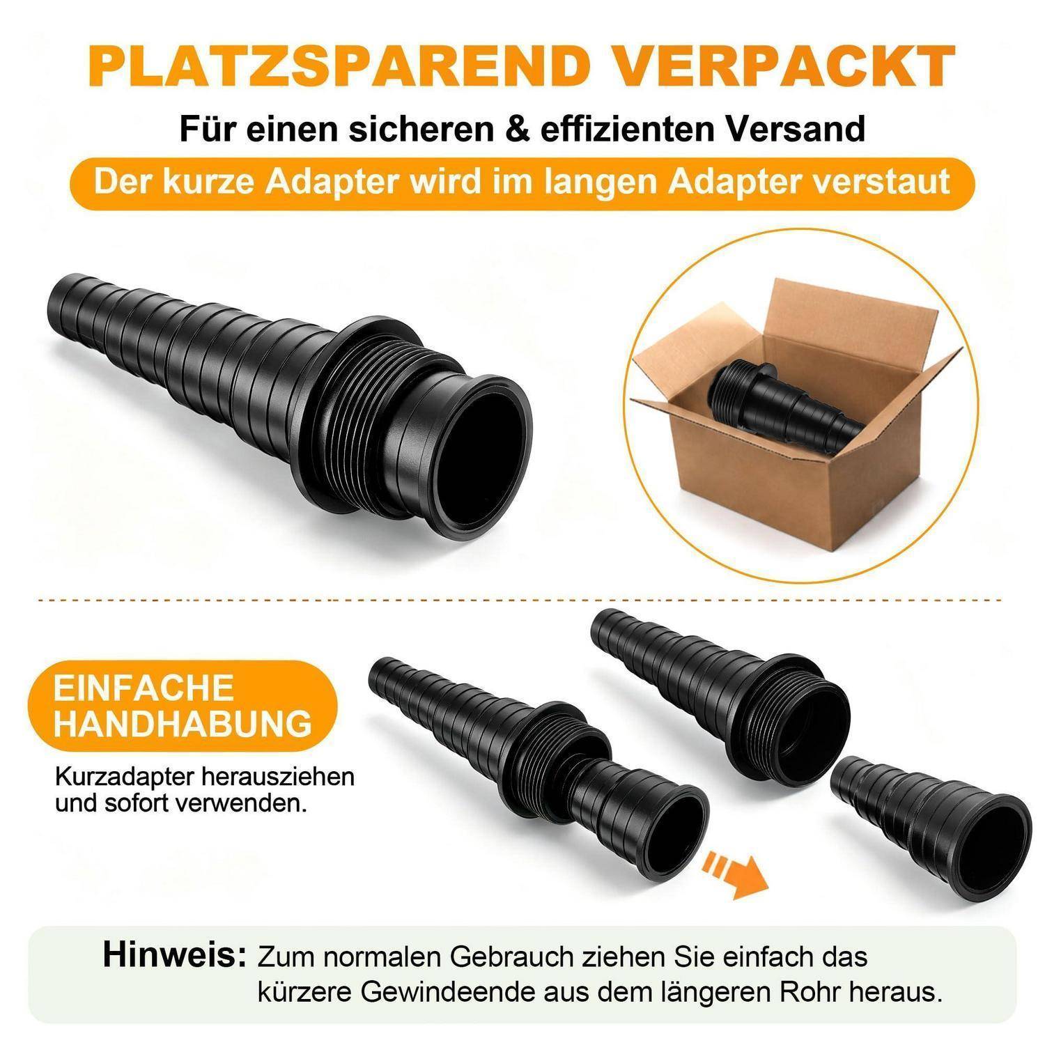 Infografik, die einen langen Adapter mit einem darin verschachtelten kürzeren Adapter zeigt, um Platz beim Versand zu sparen, einfaches Auspacken und unkomplizierte Entfernung zur Verwendung zu ermöglichen.