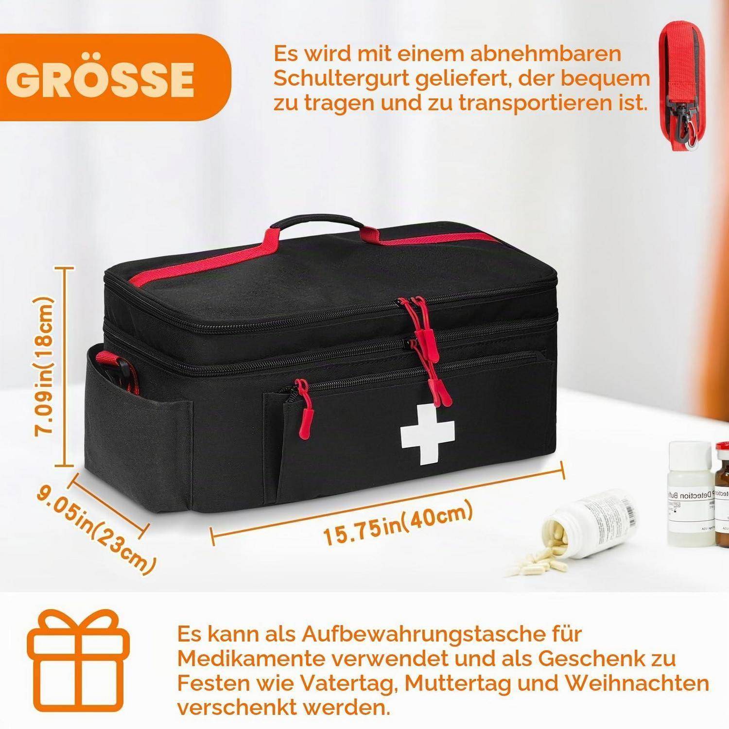 Erste Hilfe Tasche Schwarz mit Schultergurt, wasserdicht