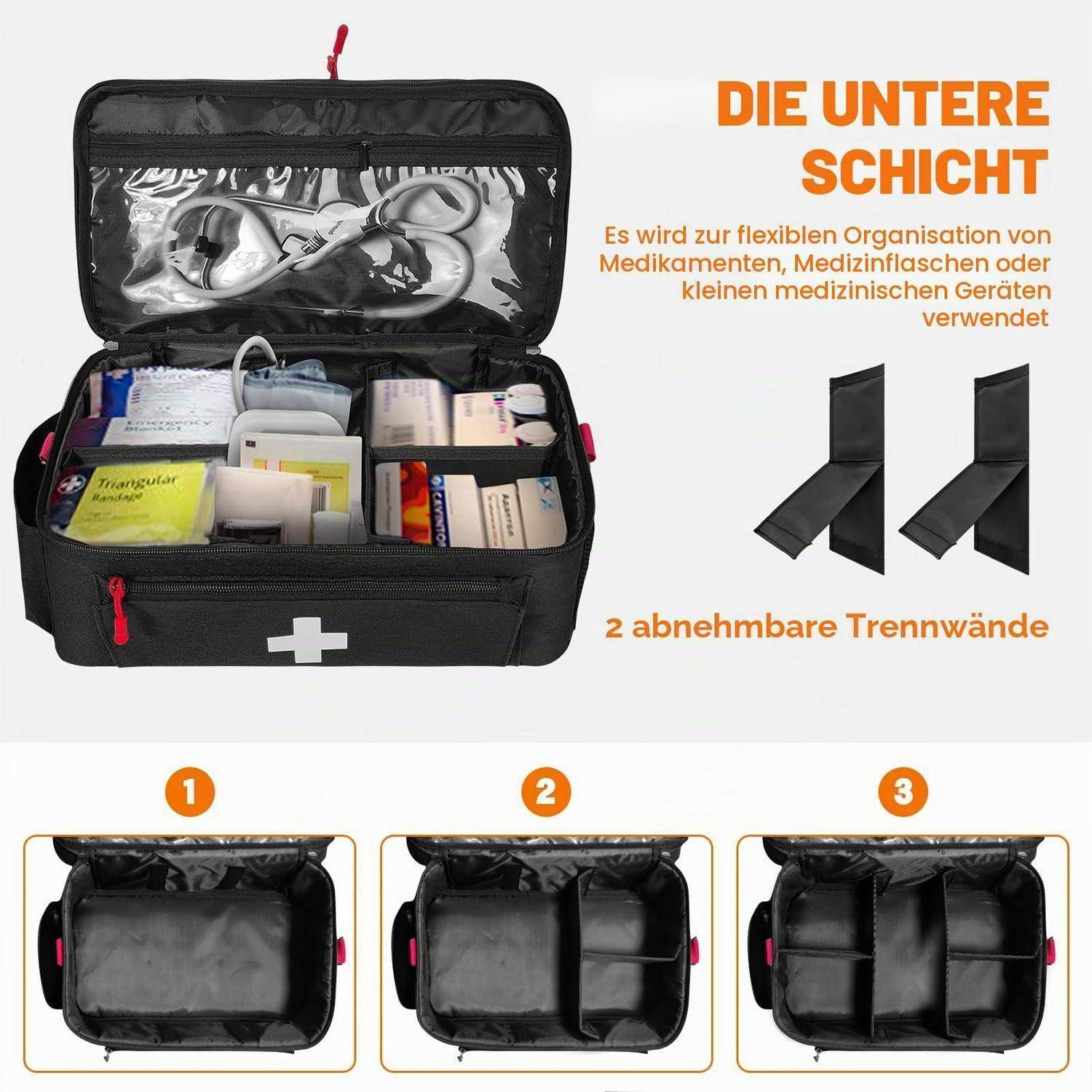 Erste Hilfe Tasche Schwarz mit Schultergurt, wasserdicht